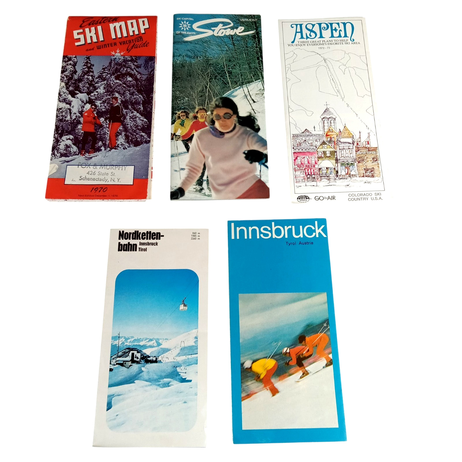 Lot of 5 Vintage 70's 1970's Ski Resort Brochure Map Guide Skiing US & Austria 