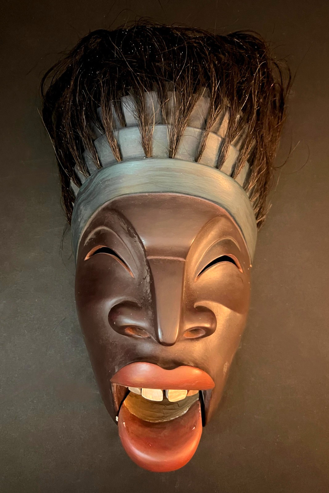VINTAGE WOOD MASK w/ Jointed Jaw & Hair Hand-Carved & Signed By The Artist 1987