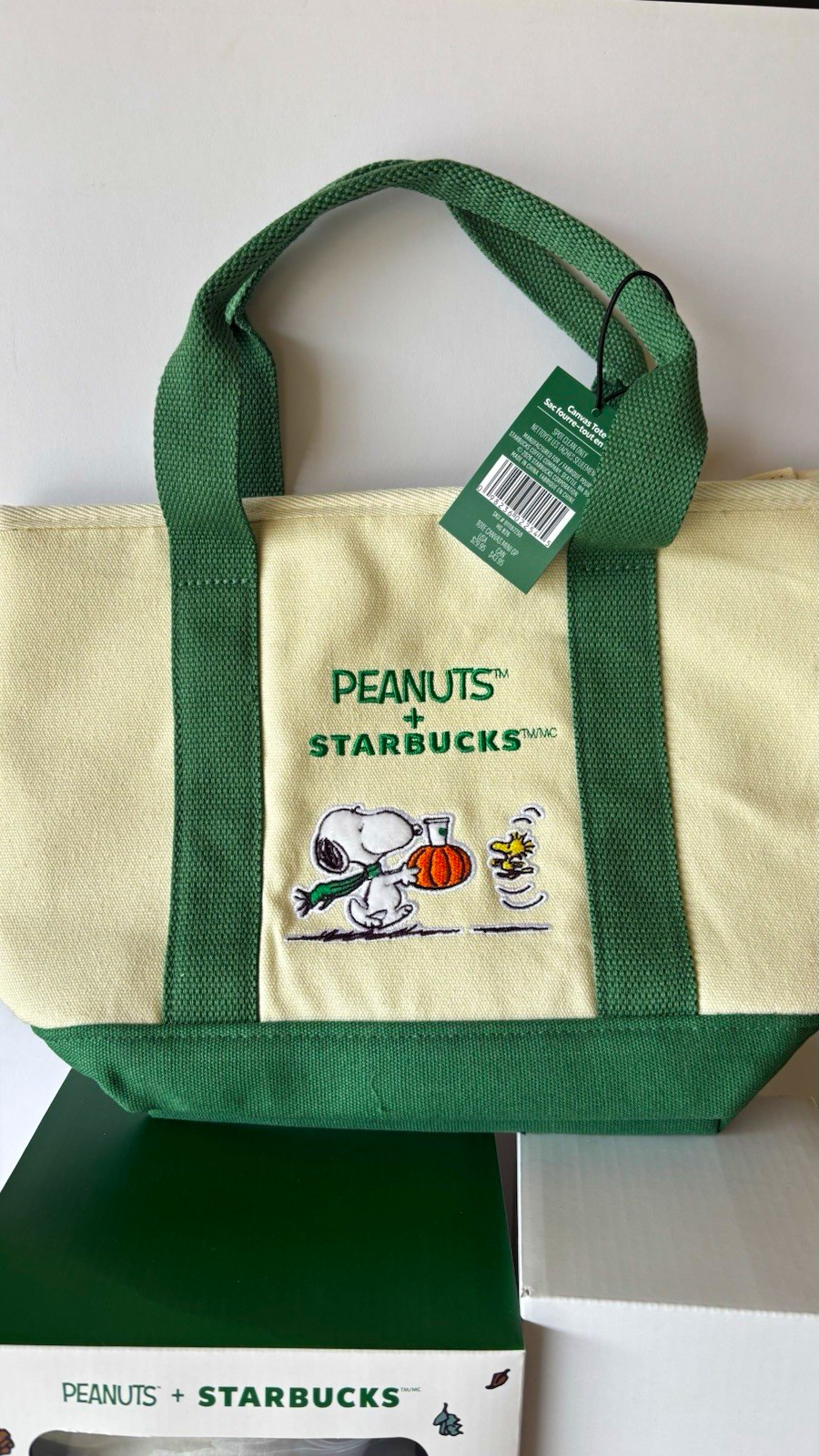 Starbucks Peanuts Canvas Mini Tote Bag Snoopy & Woodstock Green Beige
