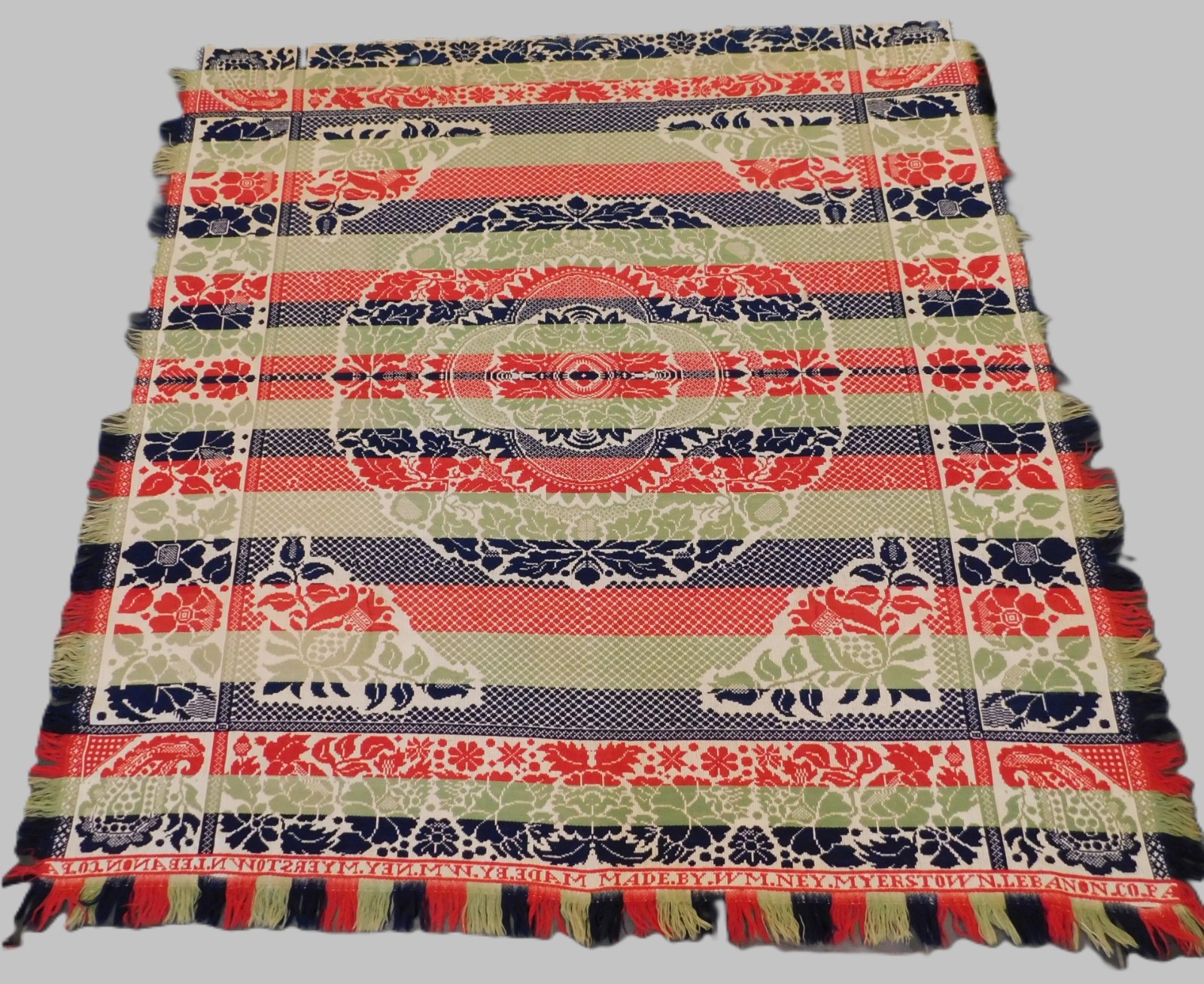 Antique William Ney Myerstown PA Jacquard Coverlet c1850 Large Red Blue Green
