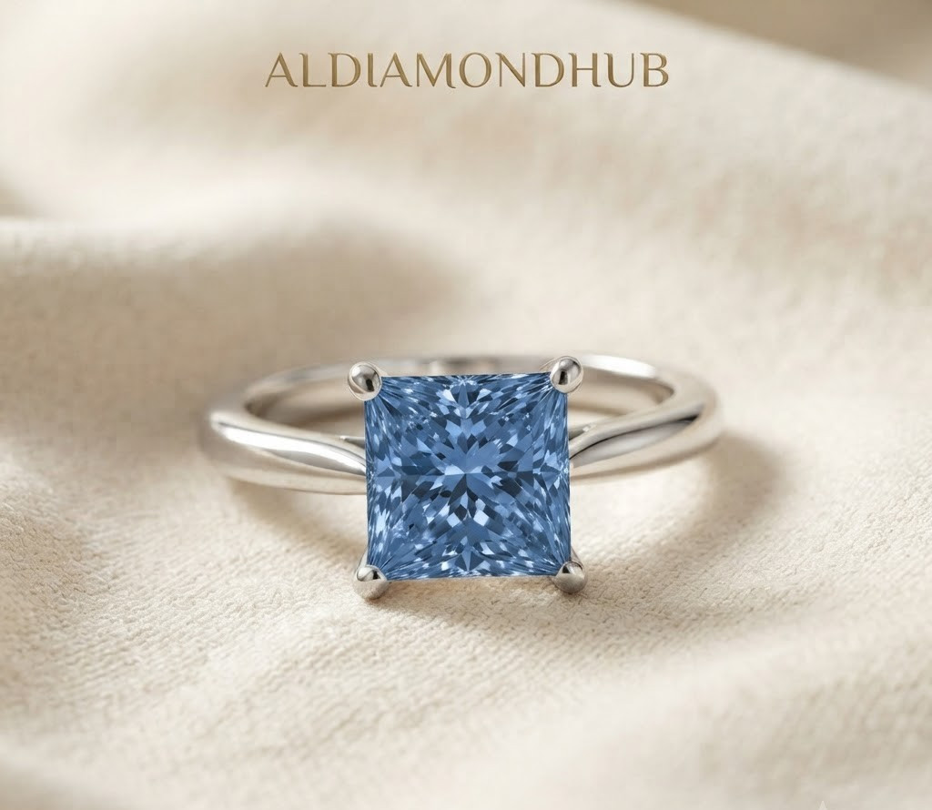 1 Ct Lab Grown Starling Silver Princess Cut Blue Diamond Ring Certified