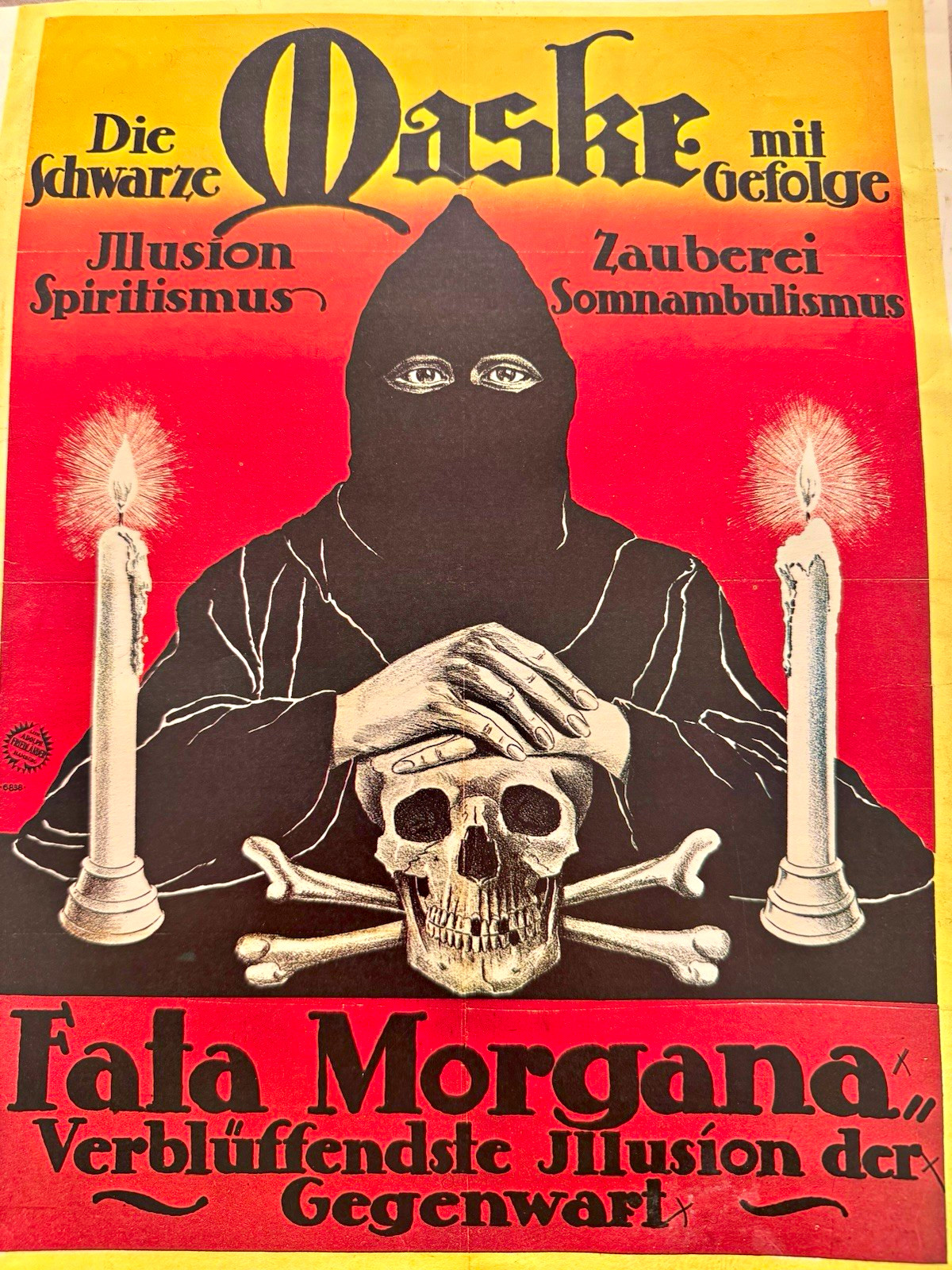 1914 Morgana Die “The Black Mask” Vintage Halloween Print Poster Skull Devil Old
