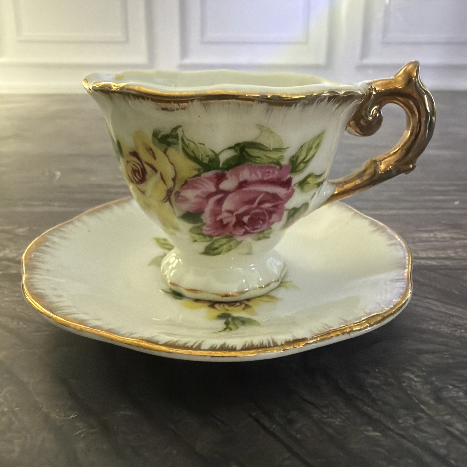 Vintage Japan Miniature Pink Rose Gold Trim Espresso Cup Saucer Set Tiny 3.25\