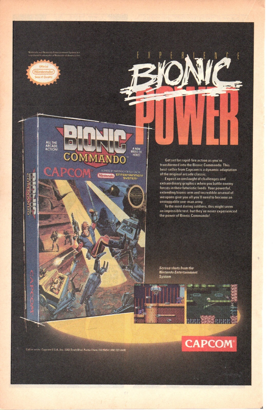 1989 BIONIC COMMANDO NES Video Game Promo PRINT AD WALL ART - NINTENDO CAPCOM