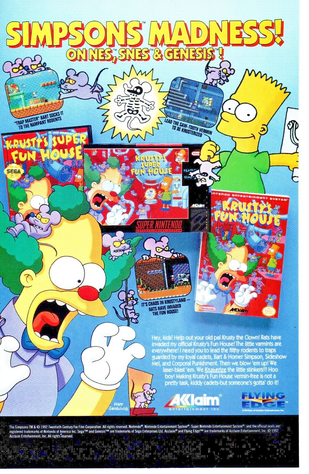 1992 KRUSTY\'S FUN HOUSE SIMPSONS PRINT AD - NINTENDO NES SNES VIDEO GAME ART