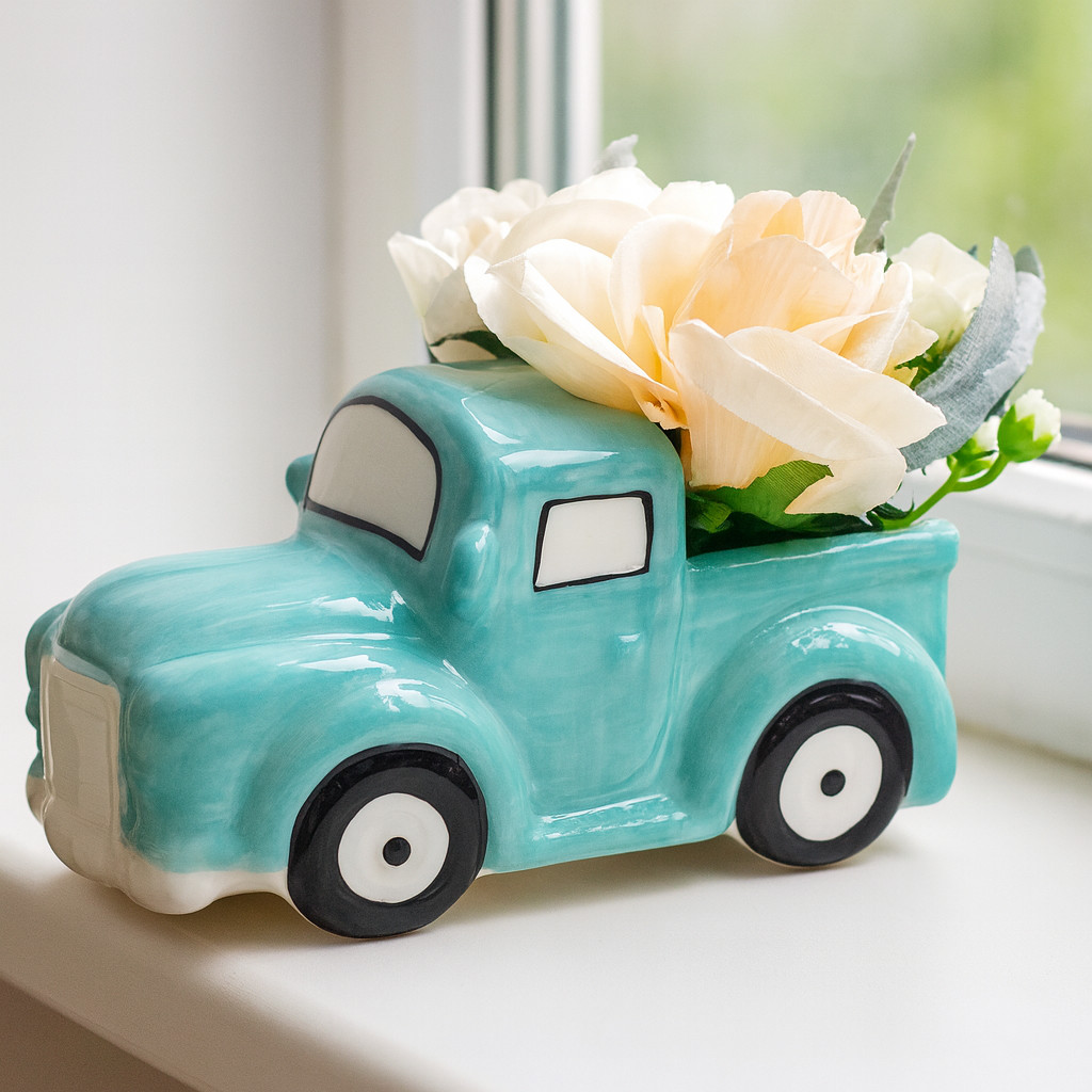 Vintage Ceramic Truck Planter With Flowers Handmade Portugal Flower Roses Pot