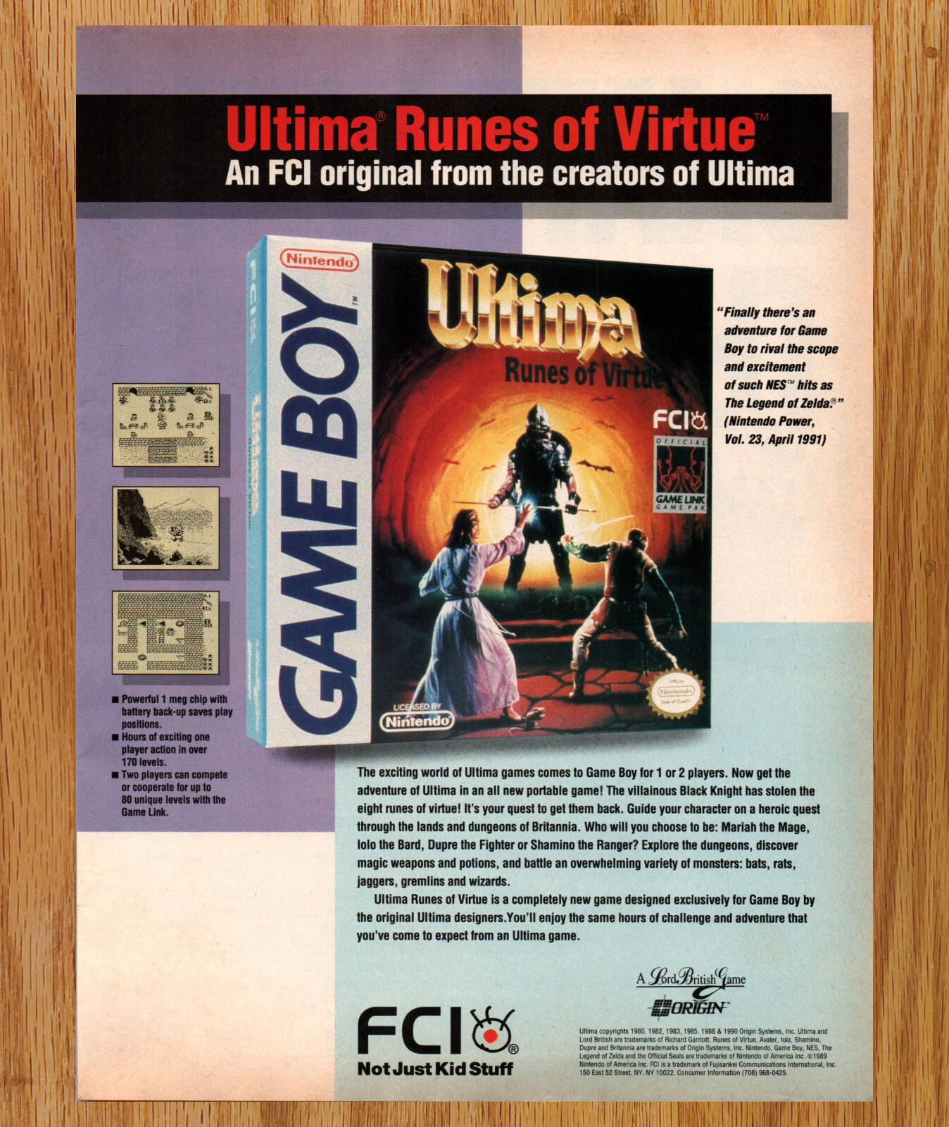 Ultima Runes of Virtue FCI Gameboy - Video Game Print Ads Poster Promo Art 1992