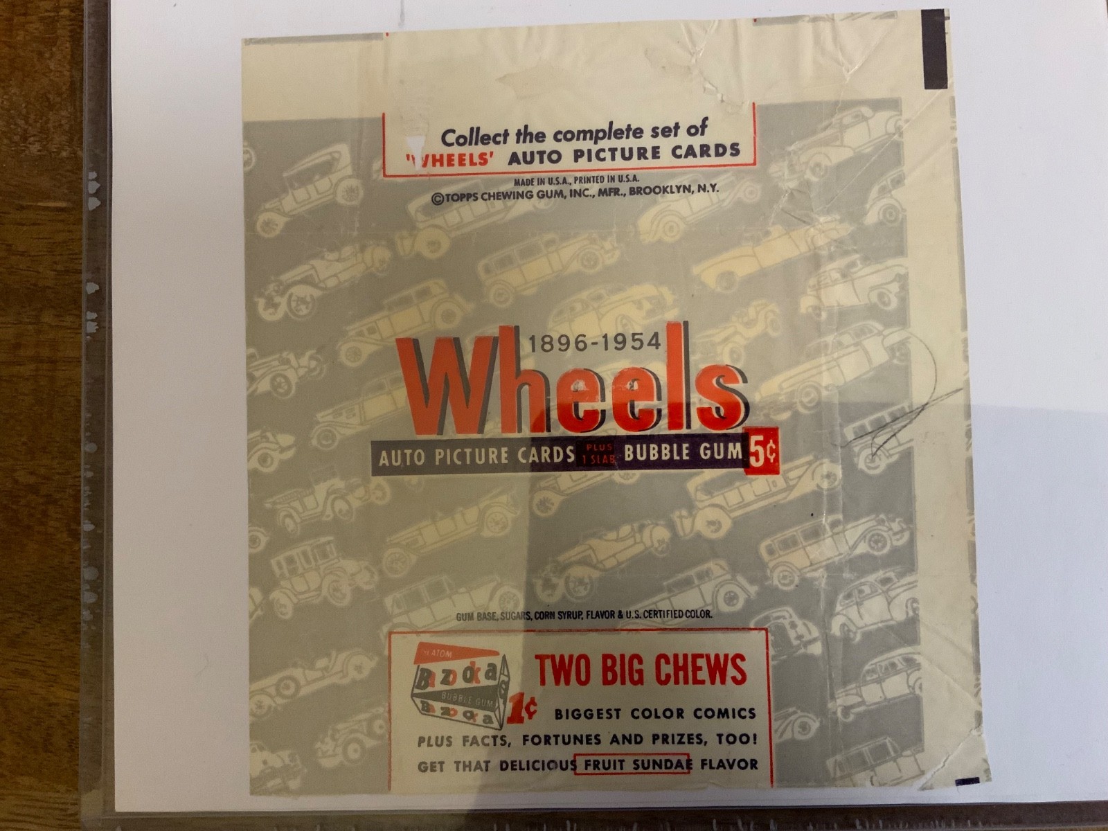 1954 TOPPS WORLD ON WHEELS 5 CENT WRAPPER w/BAZOOKA AD