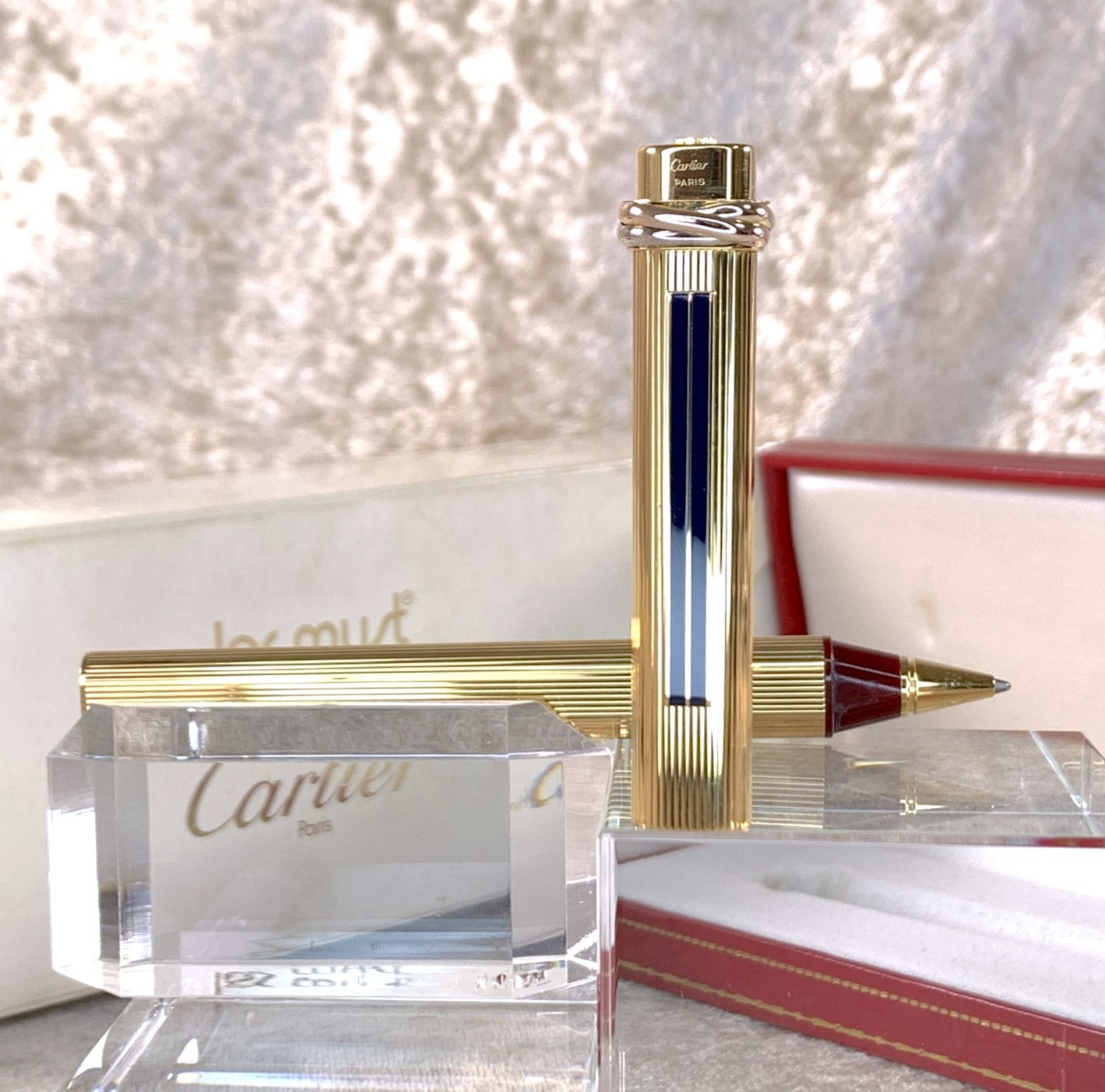 Vintage Cartier Ballpoint Pen Vendome Trinity 18k Gold Finish Godron Black Clip