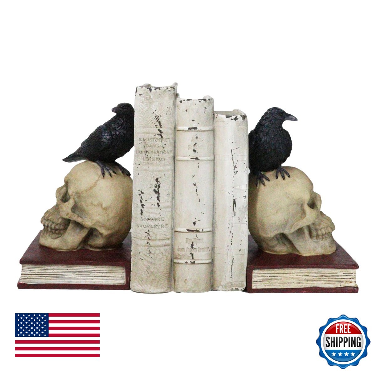 Ebros Edgar Allan Poe Raven Crow Skull Bookends Pair 7.5\