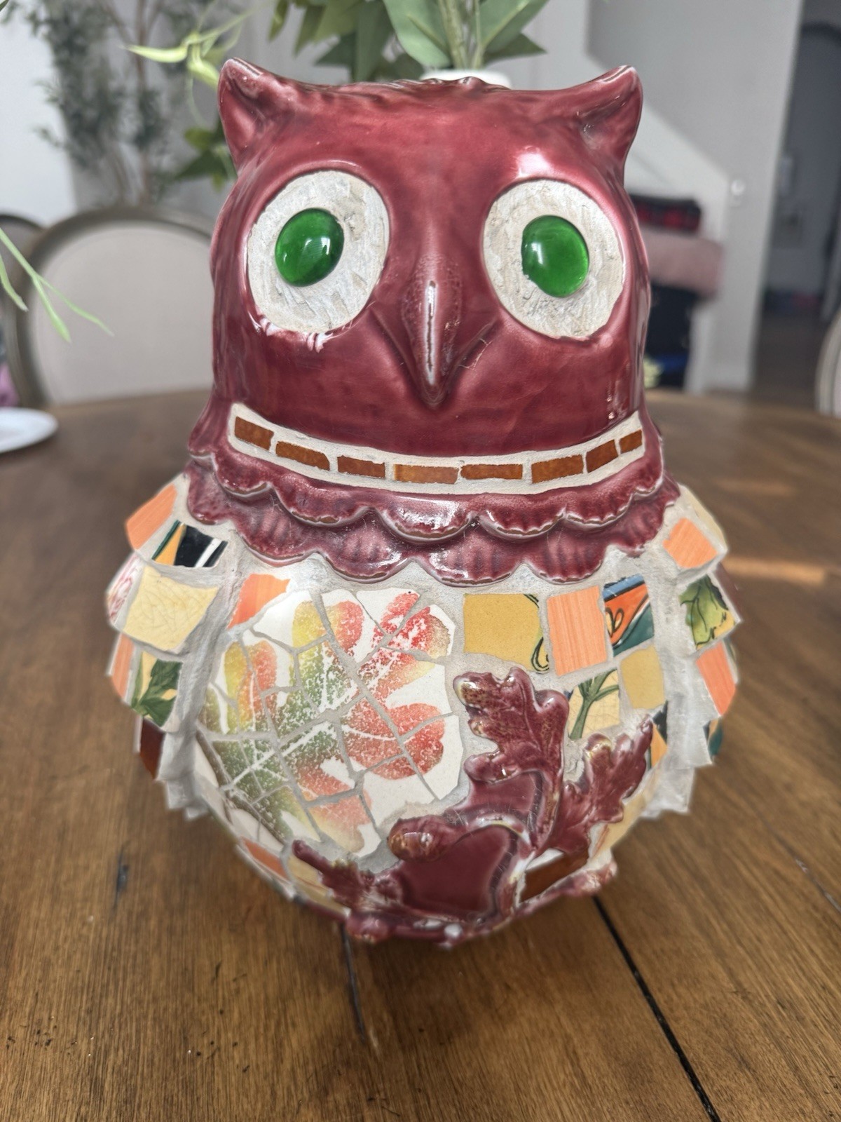 Mosaic Owl HTF Red Ceramic Figurine 11 Inches Tall Great Condition