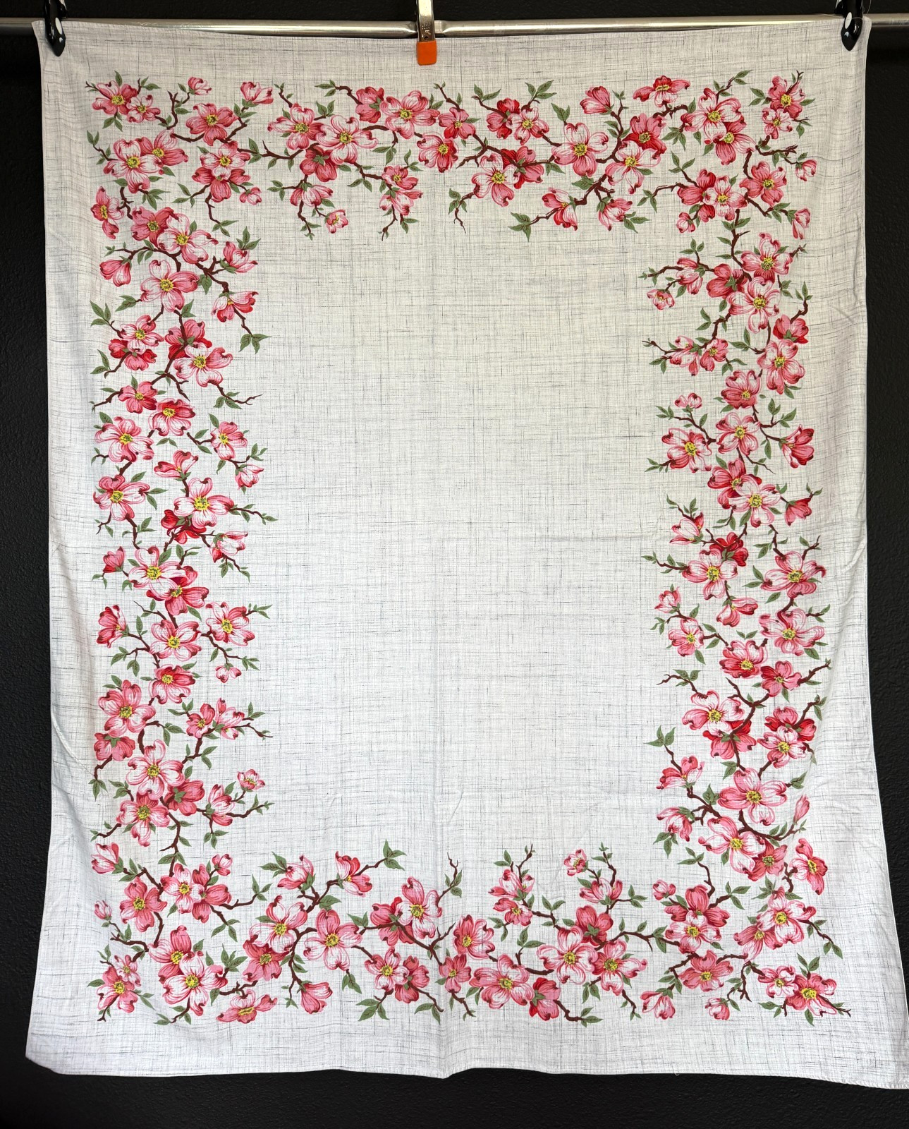 Vintage 1950s pink floral tablecloth rectangular red white cotton linen cherry