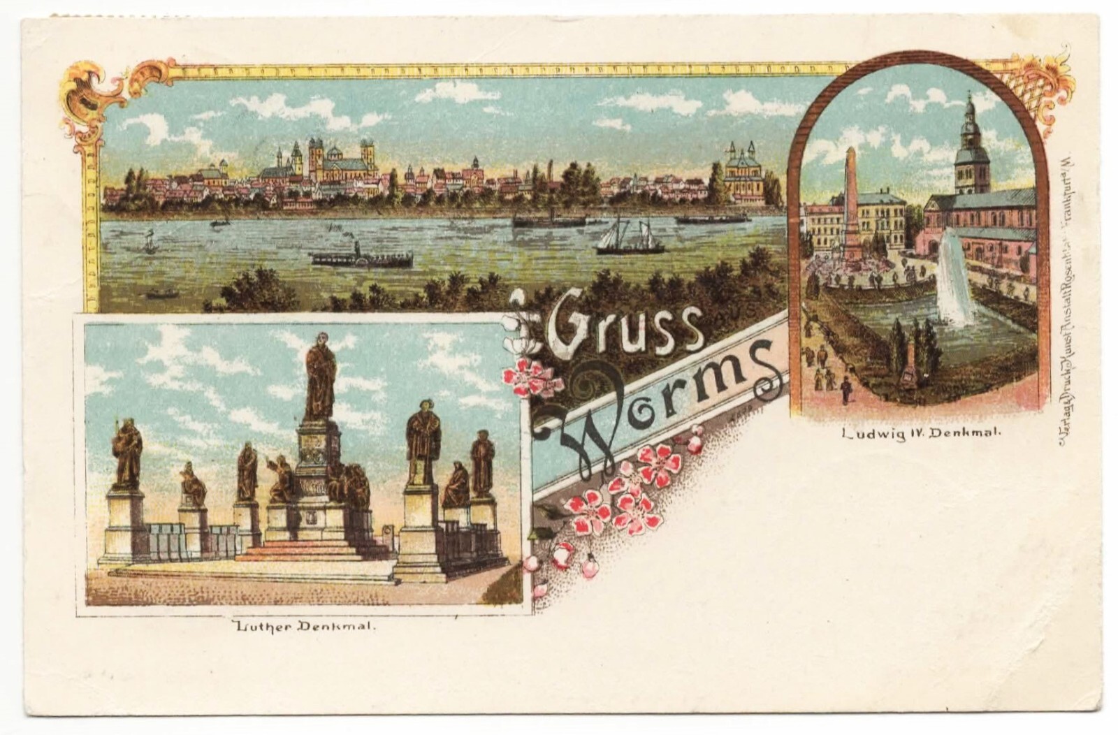 Postcard Worms litho, Luther monument, Ludwig monument, total view, ships, used 1900