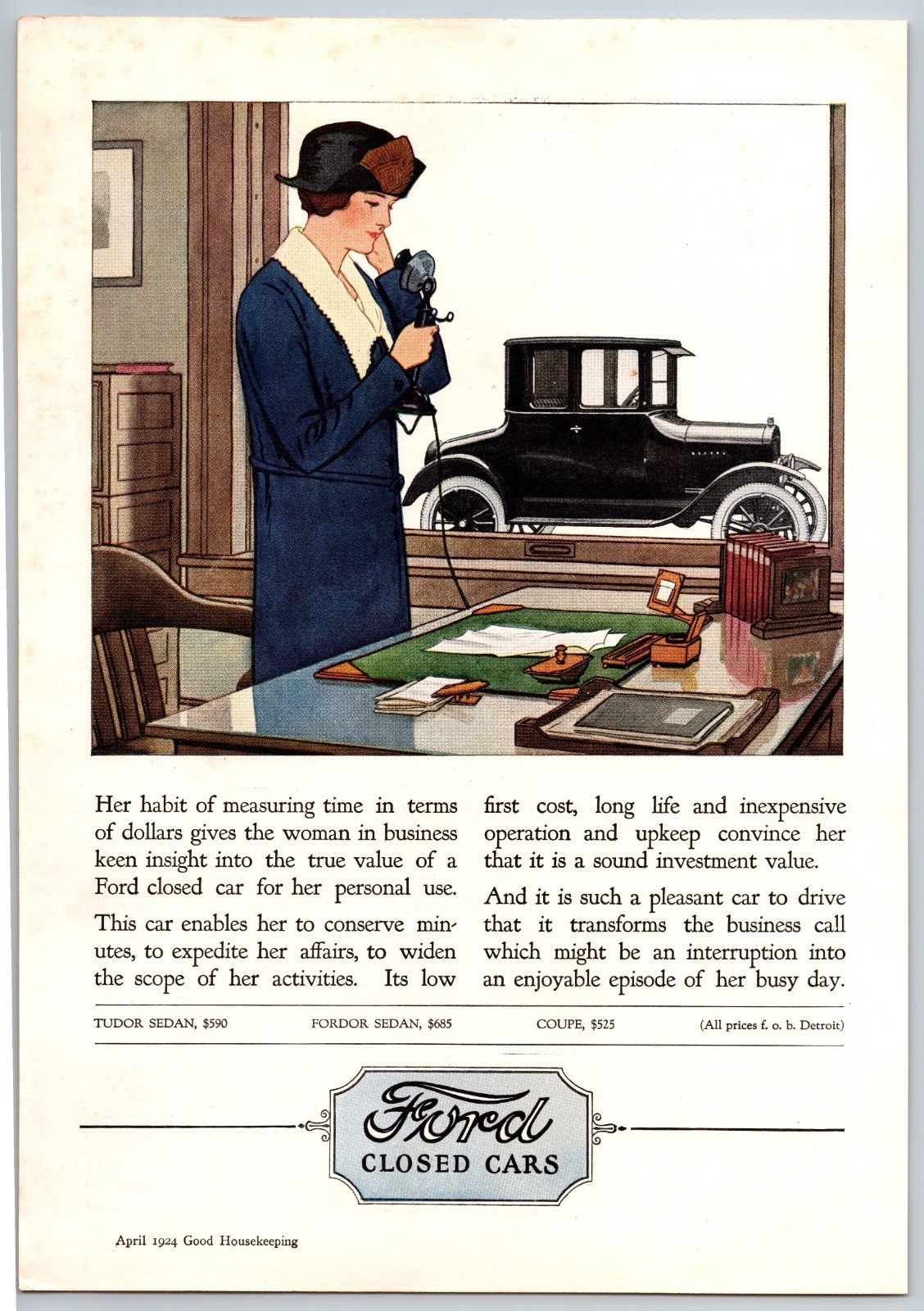 Vintage 1924, Ford Closed Cars, Fordor Sedan Auto, Automobile, Car 20\'s Print Ad