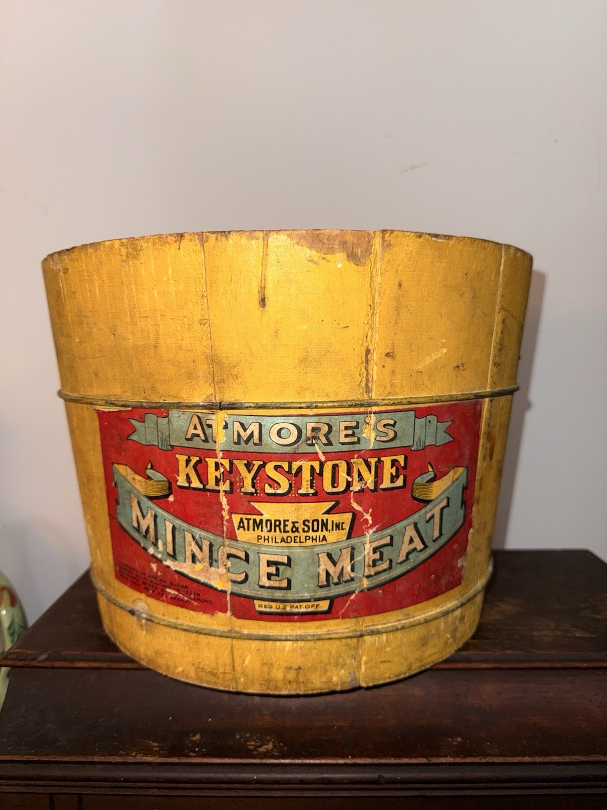 Vintage Atmore's Keystone Mince Meat Wooden Bucket Pail Philadelphia Litho Label