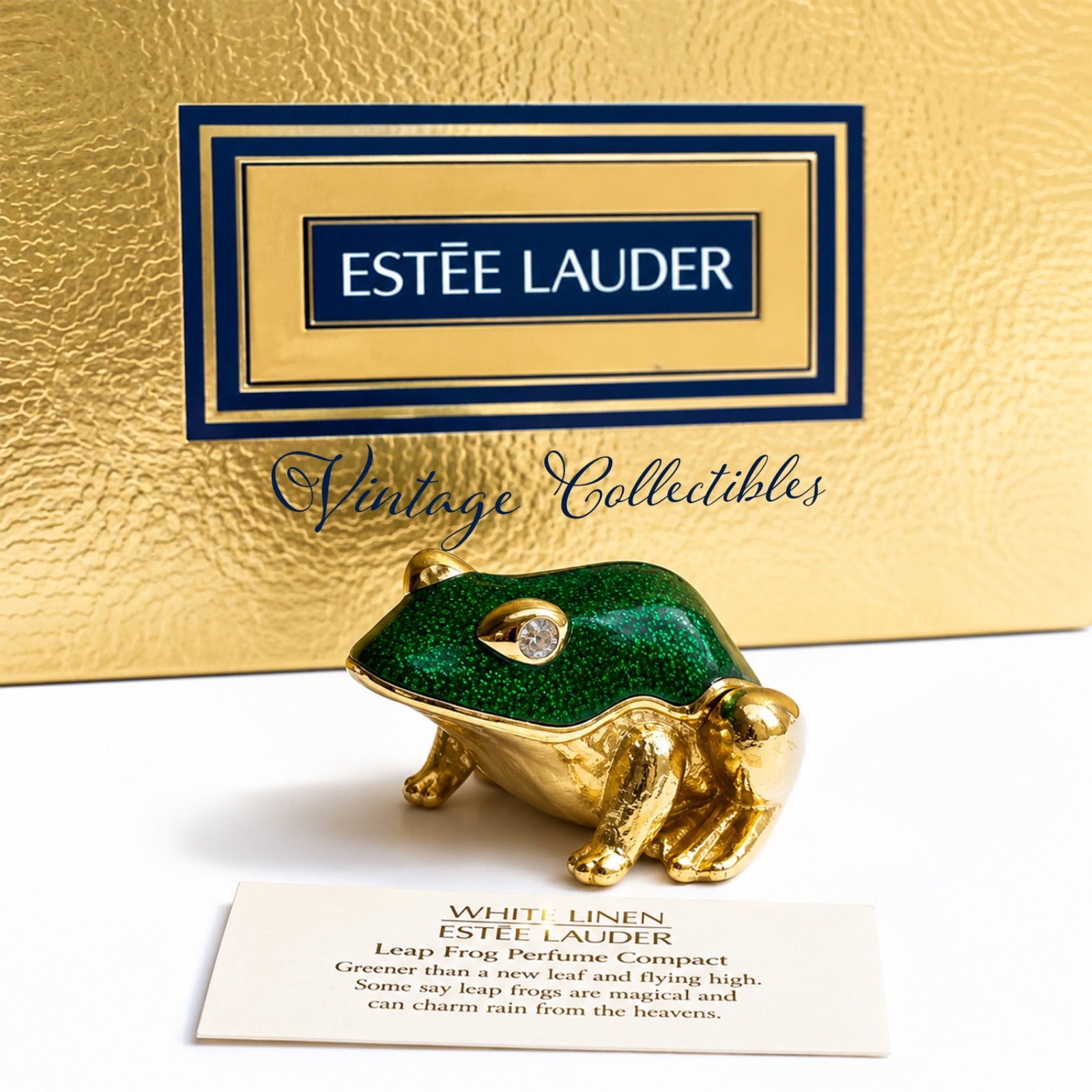 Estee Lauder 2000 White Linen Leap Frog Solid Perfume Compact Enamel Crystal MIB