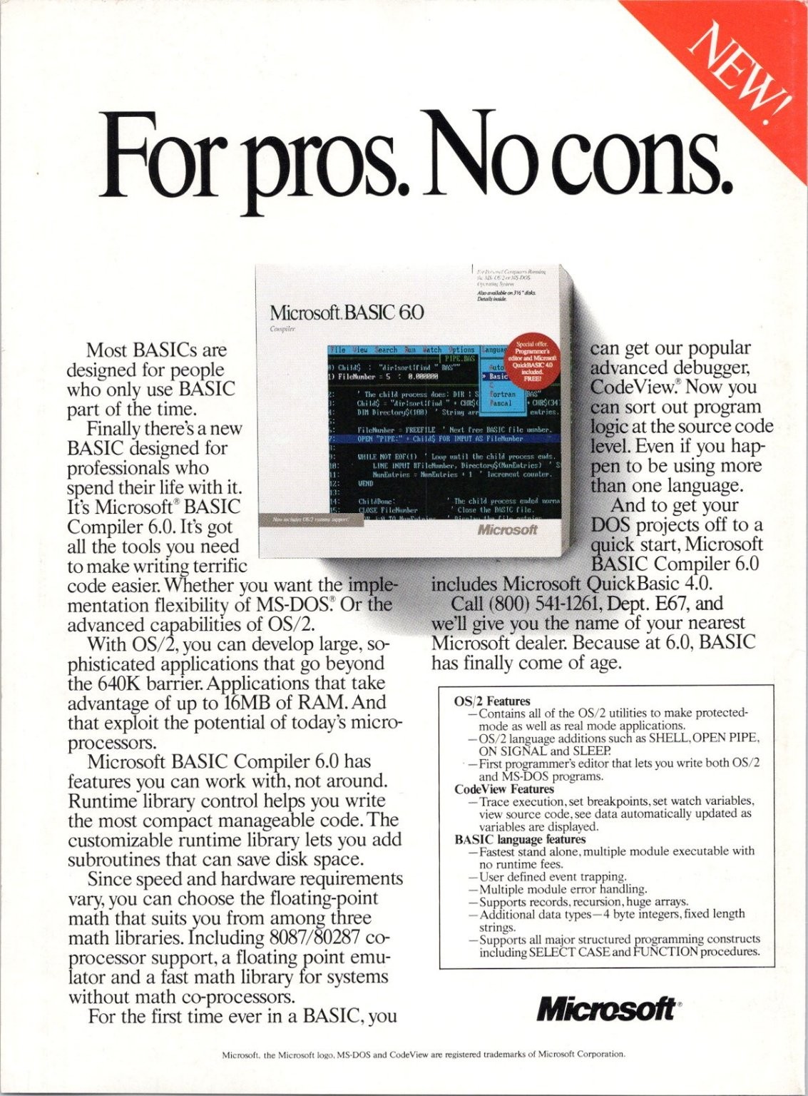 Microsoft BASIC 6.0 Print Ad Vintage 1988 CodeView Debugger OS/2 MS-DOS