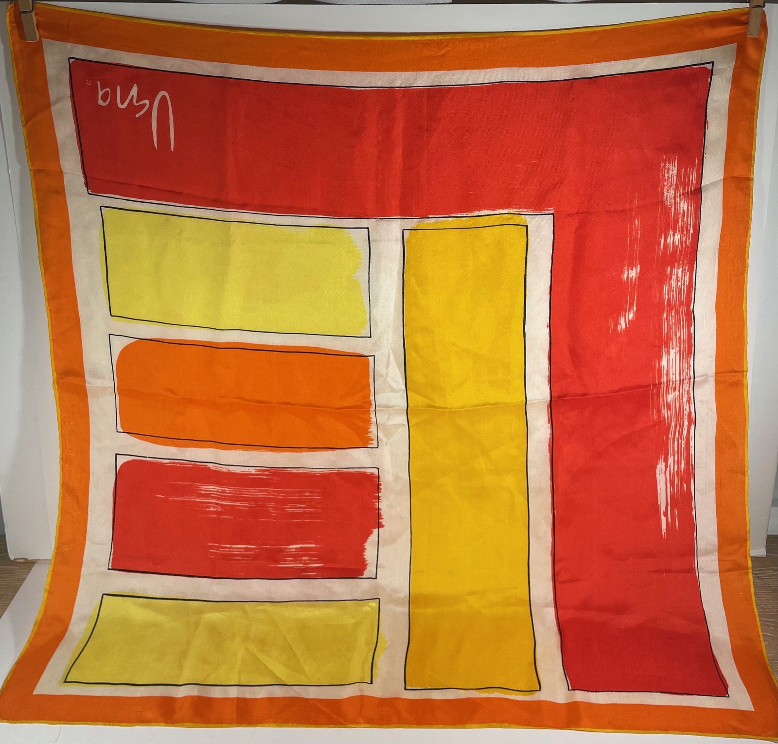 VINTAGE 1960\'S 70\'S VERA NEUMANN SILK SCARF BOLD GEOMETRIC ORANGE RED YELLOW