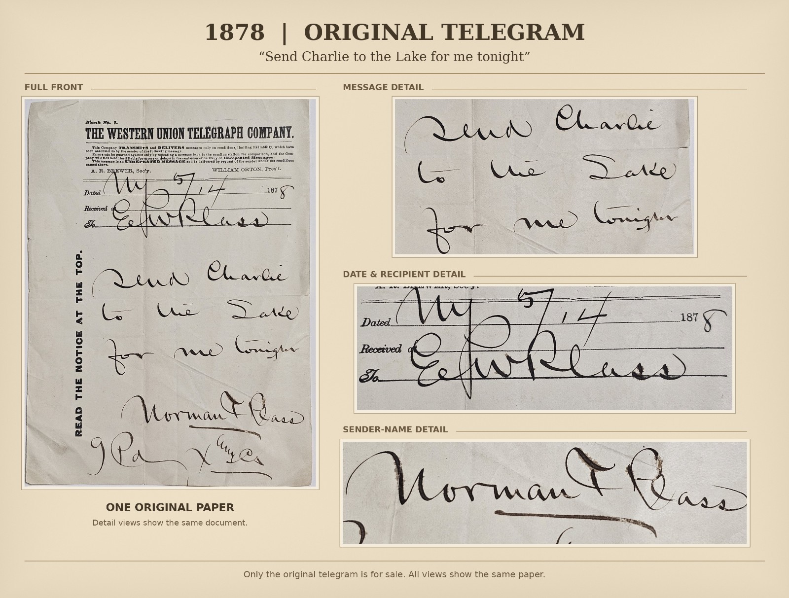 1878 Antique Telegram Send Charlie to the Lake Tonight Original Handwritten