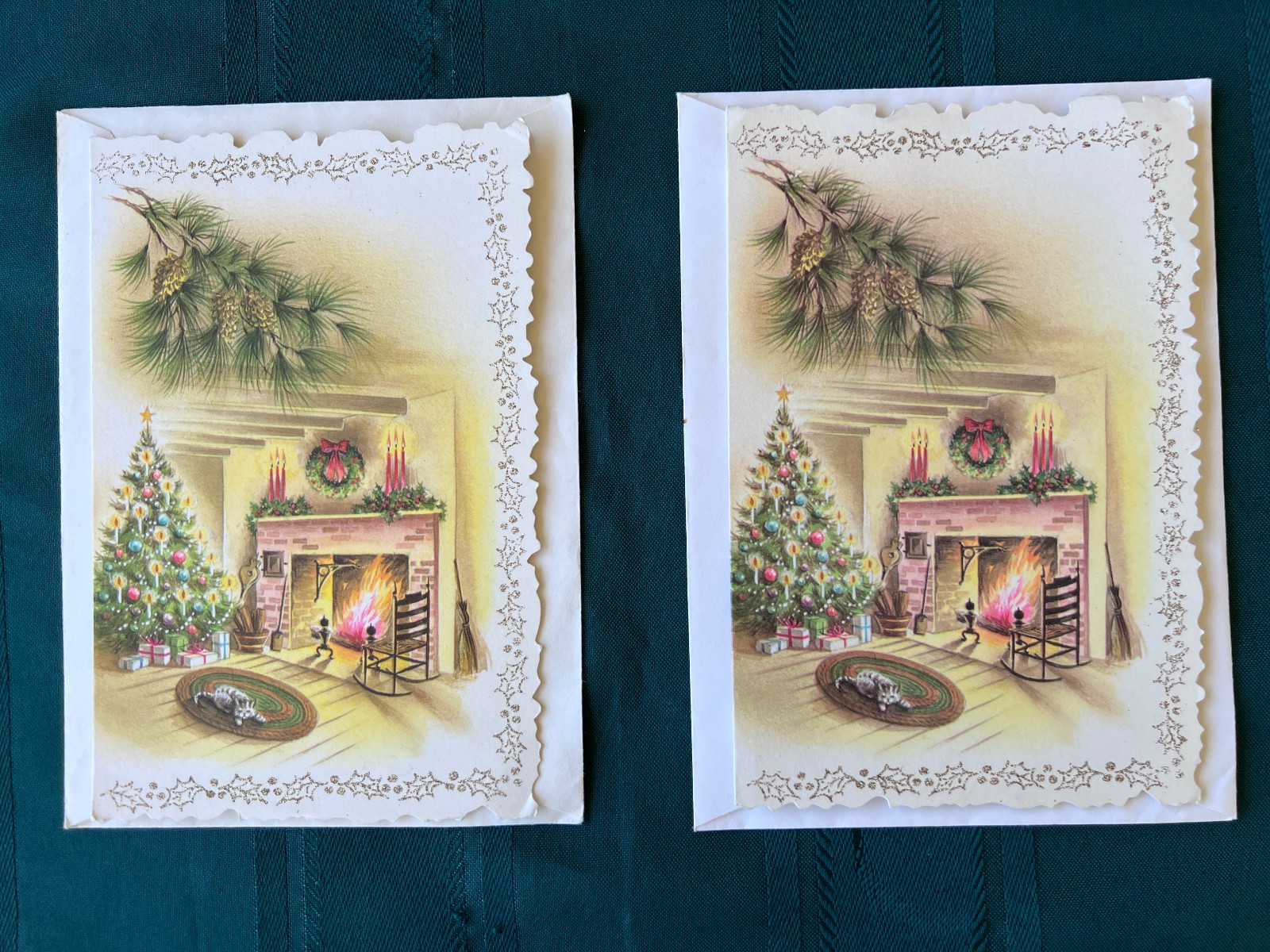 Unused 2 Vtg Coronation Christmas Cards Christmas Tree Wreath Hearth Fire w/ Cat