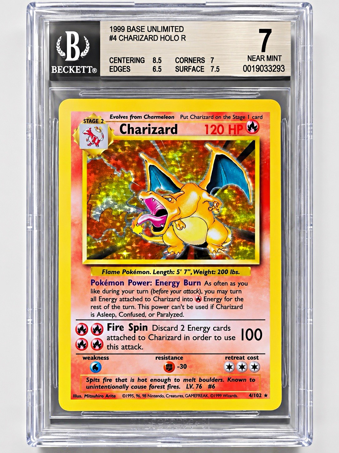 1999 Pokémon Base Set Unlimited Charizard Holo #4/102 BGS 7
