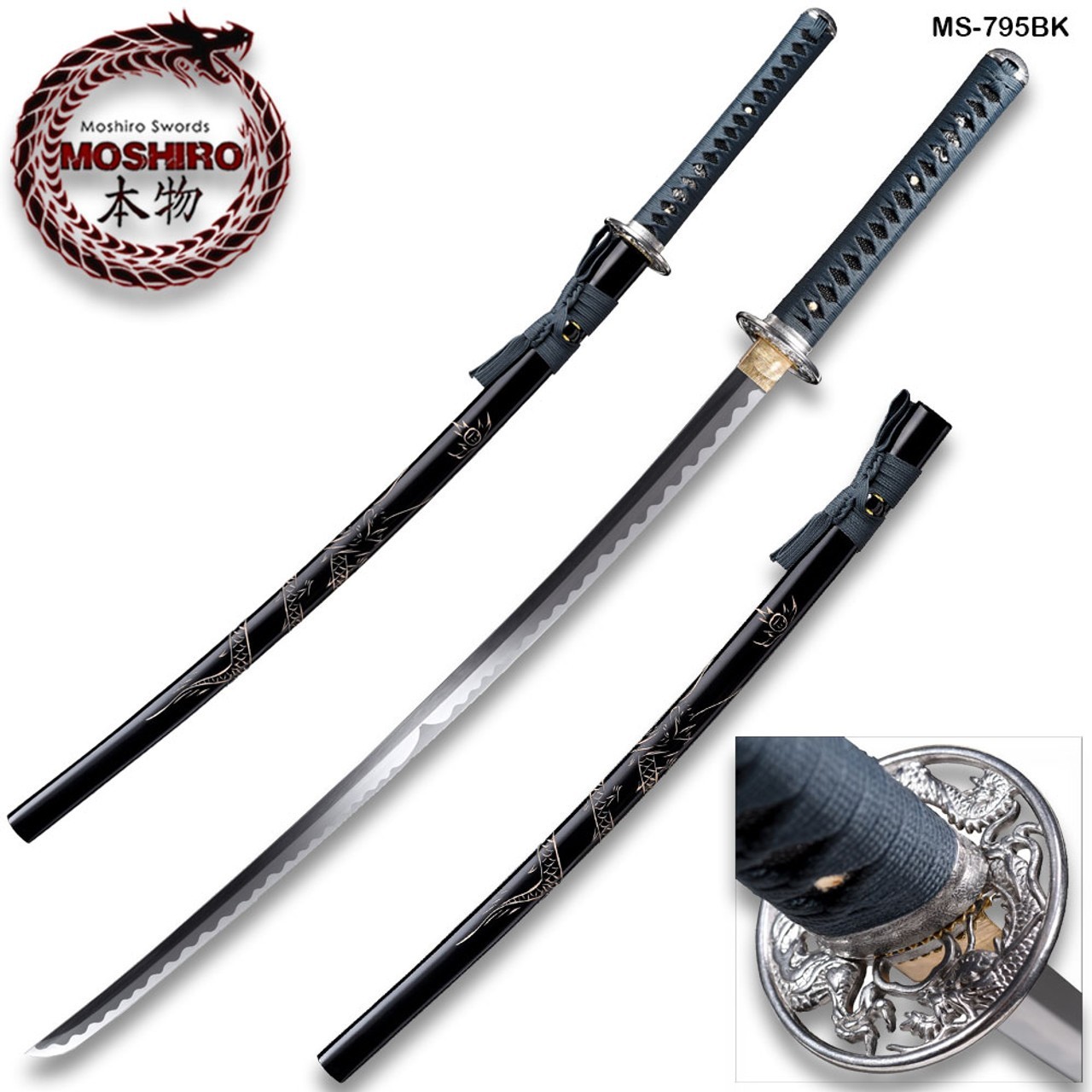 MOSHIRO Hand Forged Katana Sword 1045 High Carbon Steel Black Engraved Scabbard