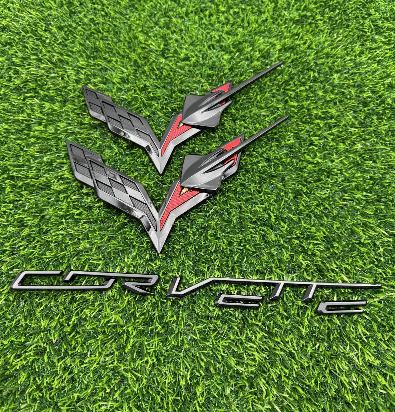 C7 Corvette 3D Cross Flags Emblem Badge 5pc Black Red