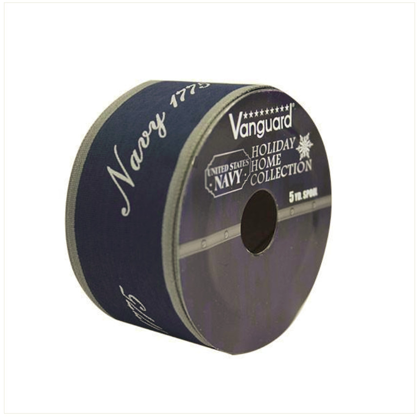 Vanguard NAVY DECORATIVE WIRED RIBBON BLUE SILVER EDGE 5 YD SPOOL 1.5\
