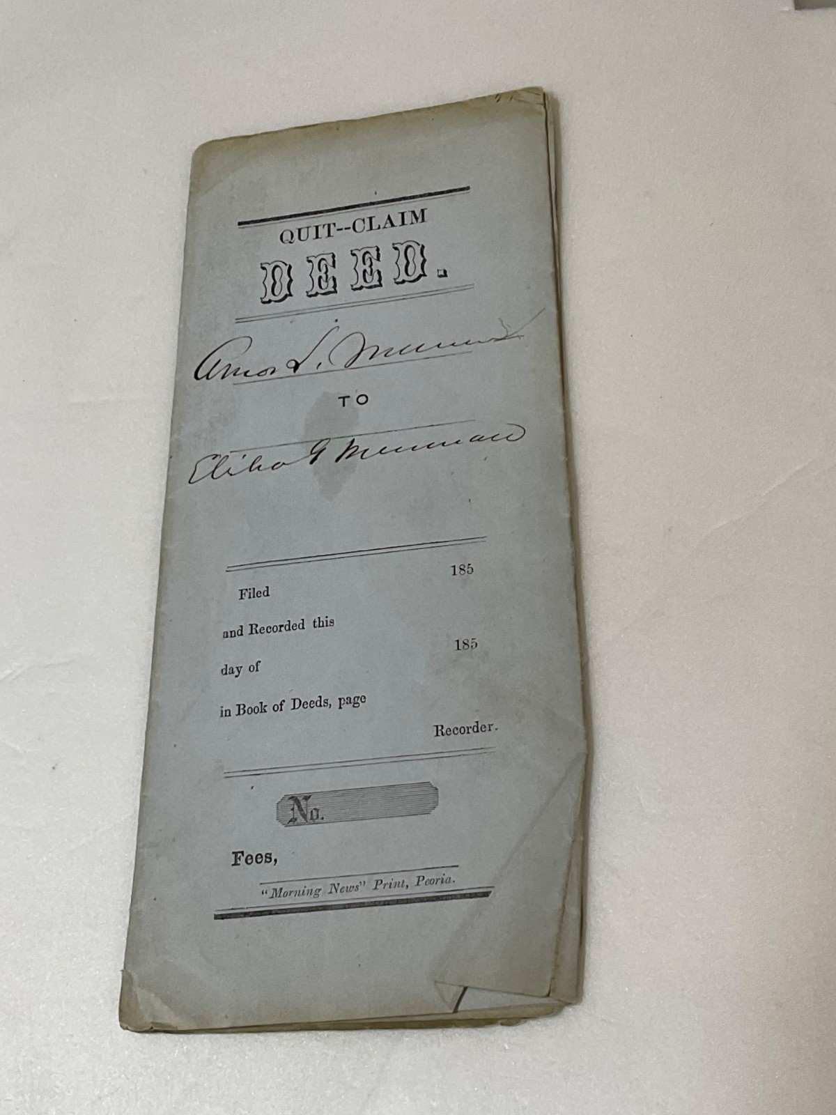 PEORIA ILLINOIS 1856 LAND DEED QUITCLAIM DETAILED VILLAGE OF PEORIA 2000$