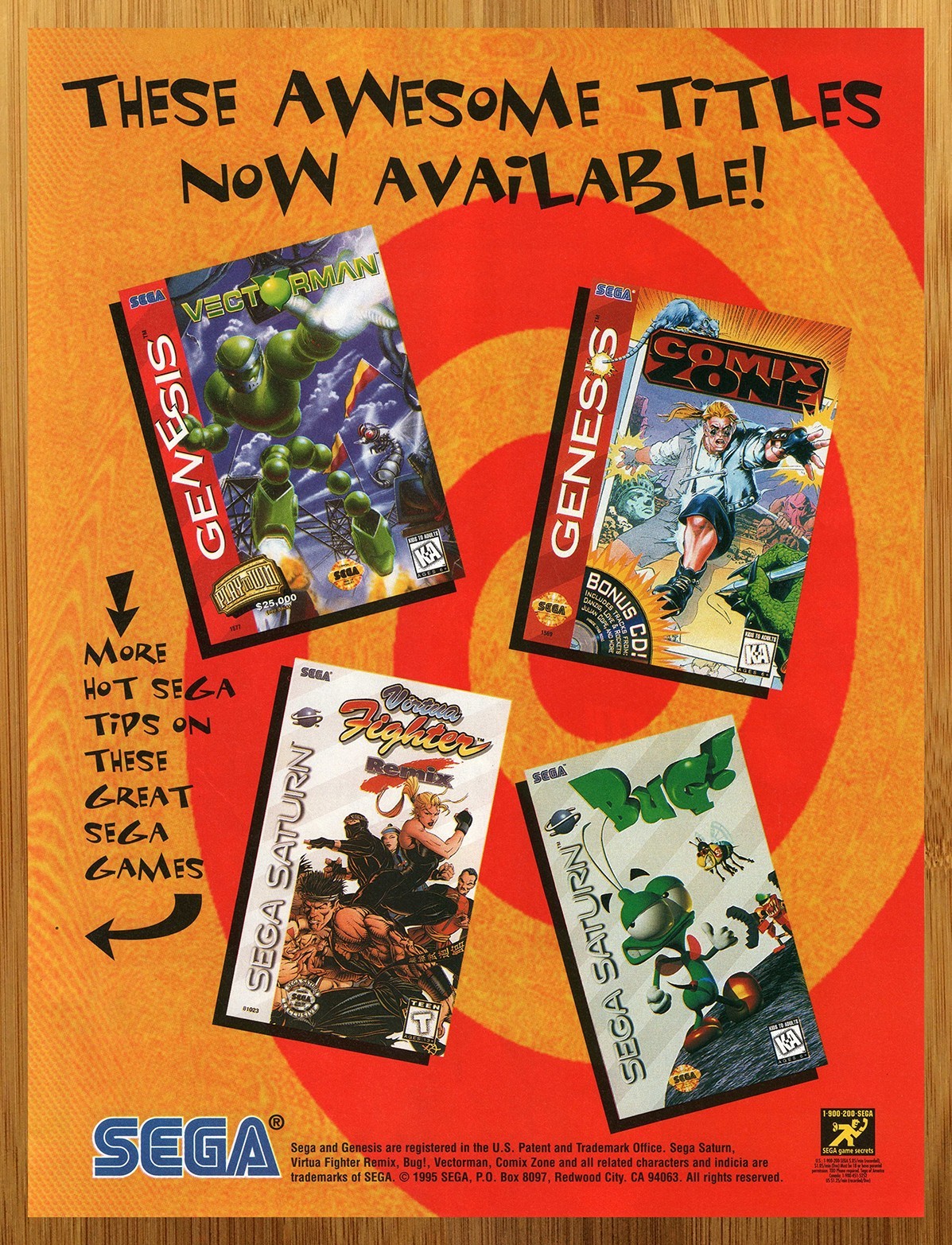 1995 Vectorman/Comix Zone/Virtua Fighter/Bug Sega Genesis Print Ad/Poster Art