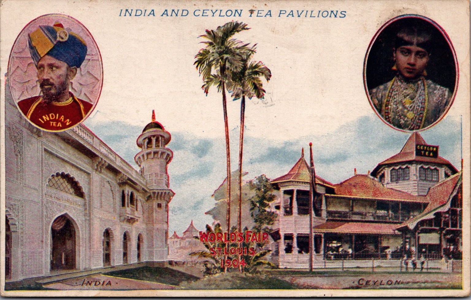1904 St. Louis World's Fair India Ceylon Tea Pavilions Postcard 1906 Posted