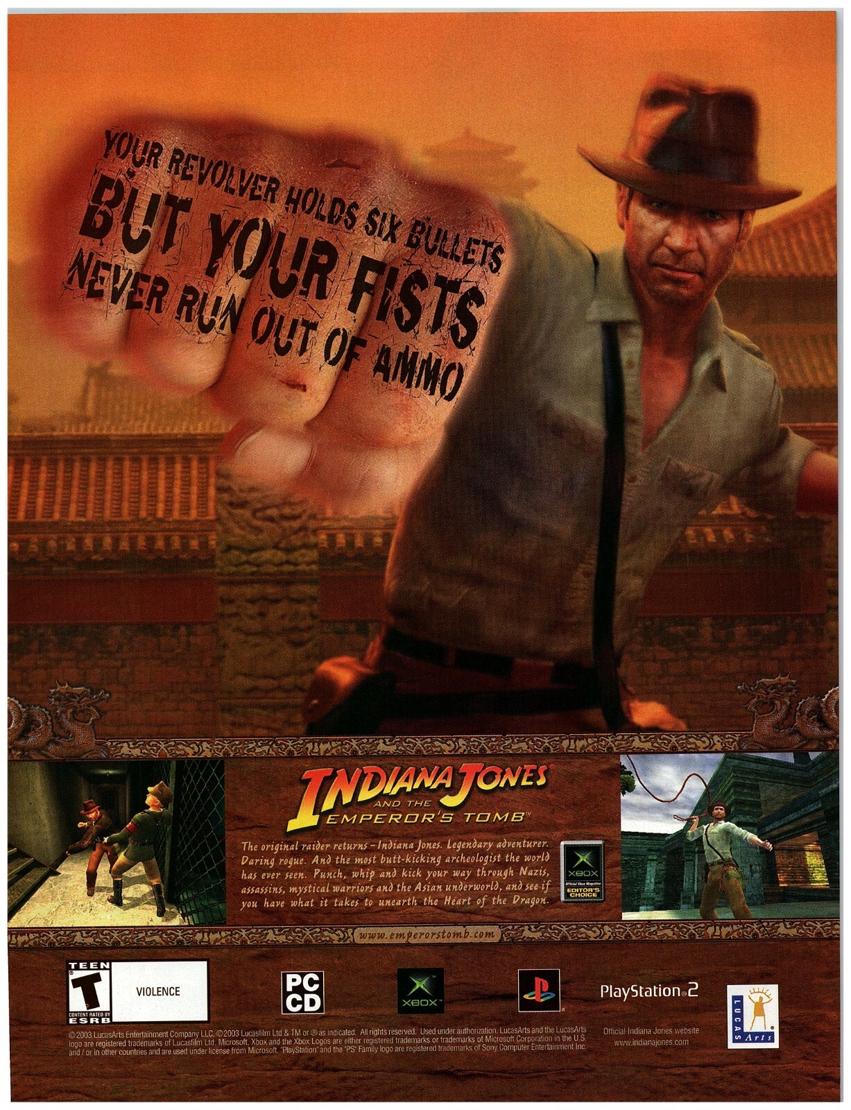 2003 Indiana Jones and the Emperor's Tomb Video Game Print Ad, Fists Out of Ammo