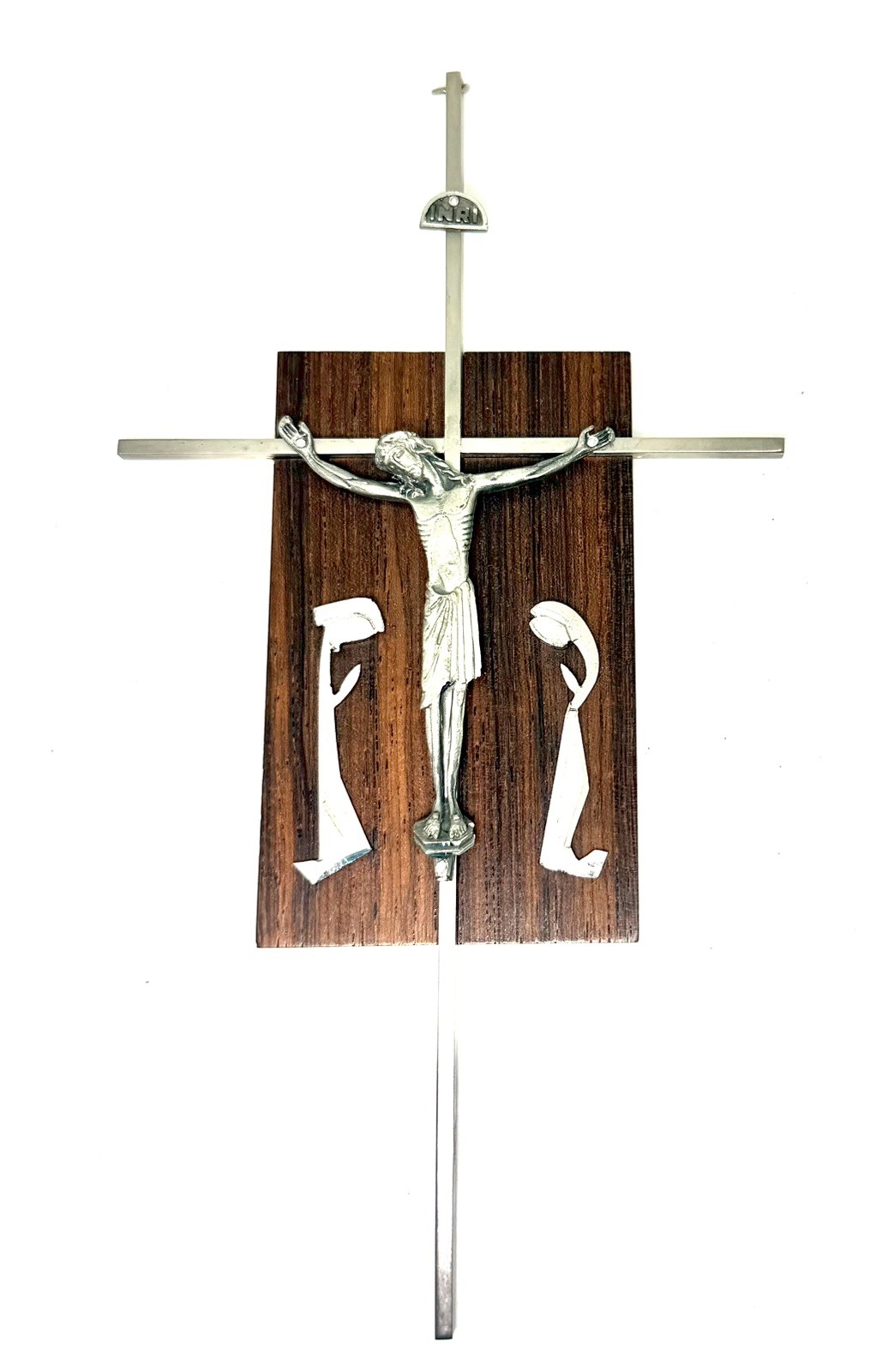 MCM Vtg. Metal Crucifix Plastic Wood Grain Wall Mount Modern Cross Holy Family