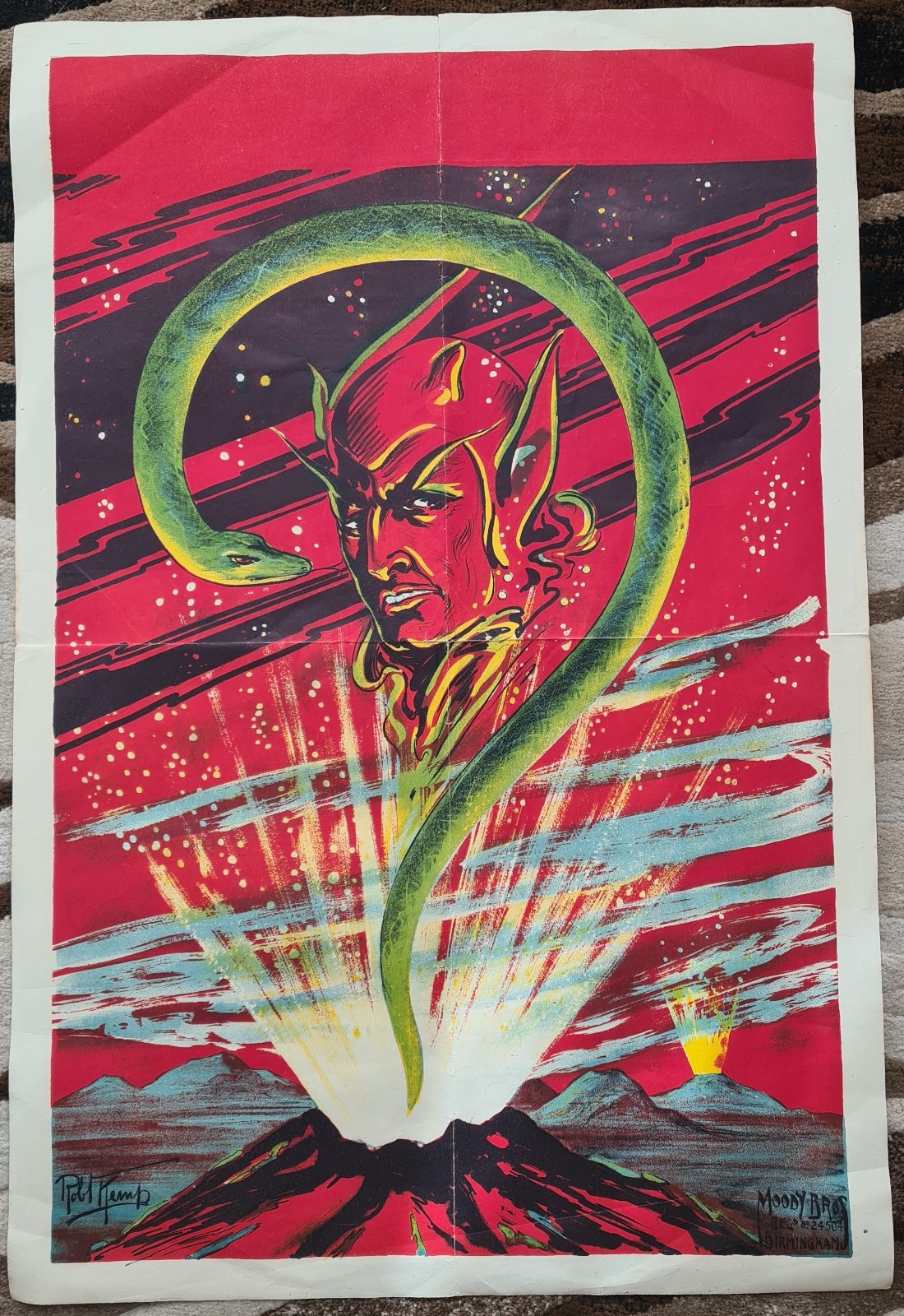 Antique 1920s Moody Bros Birmingham Magic Poster Mysteries Devil Harry Gold