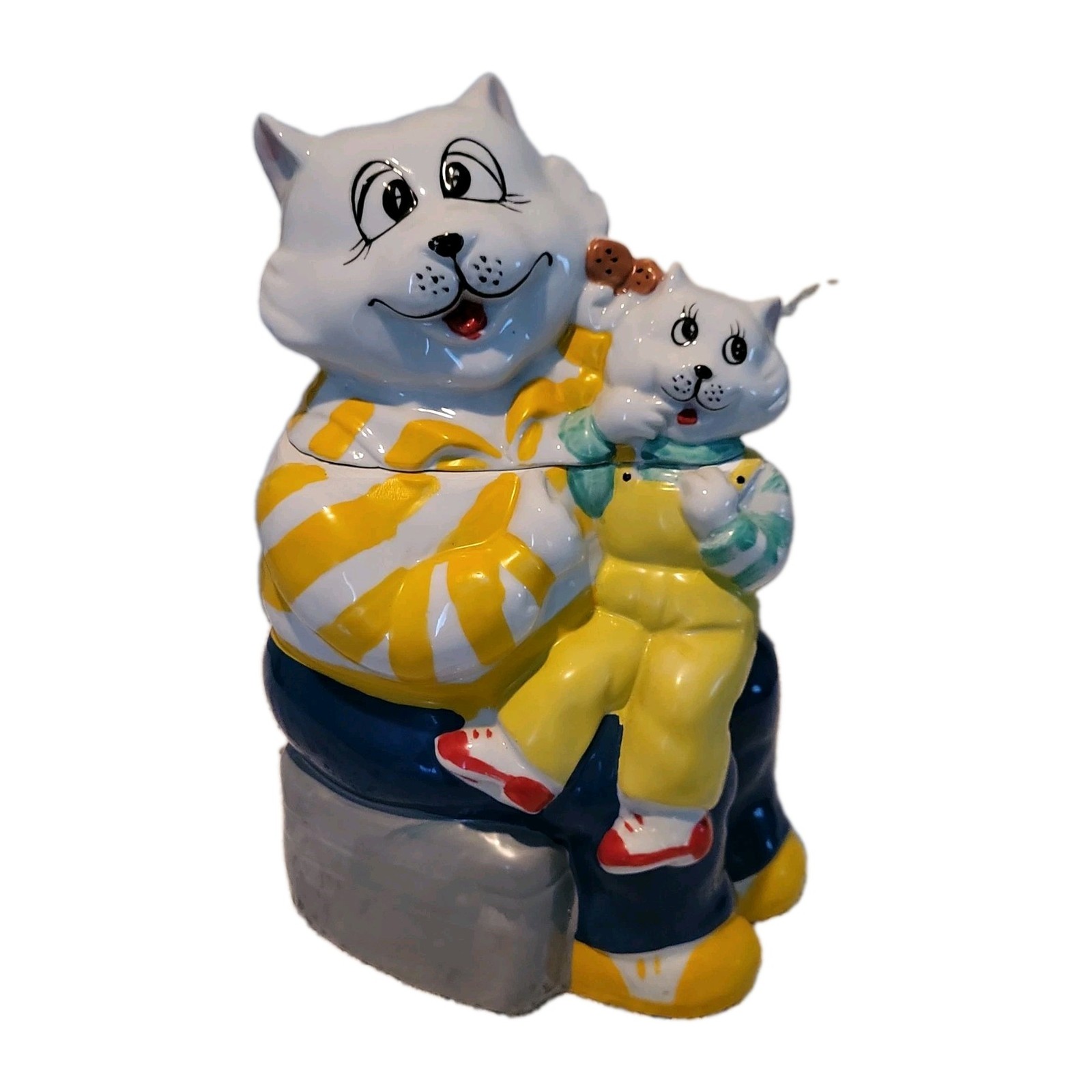 VTG HAPPY DAD, MOTHER GRANDFATHER, GRANDMOTHER CAT & KITTEN COOKIE JAR POTTERY