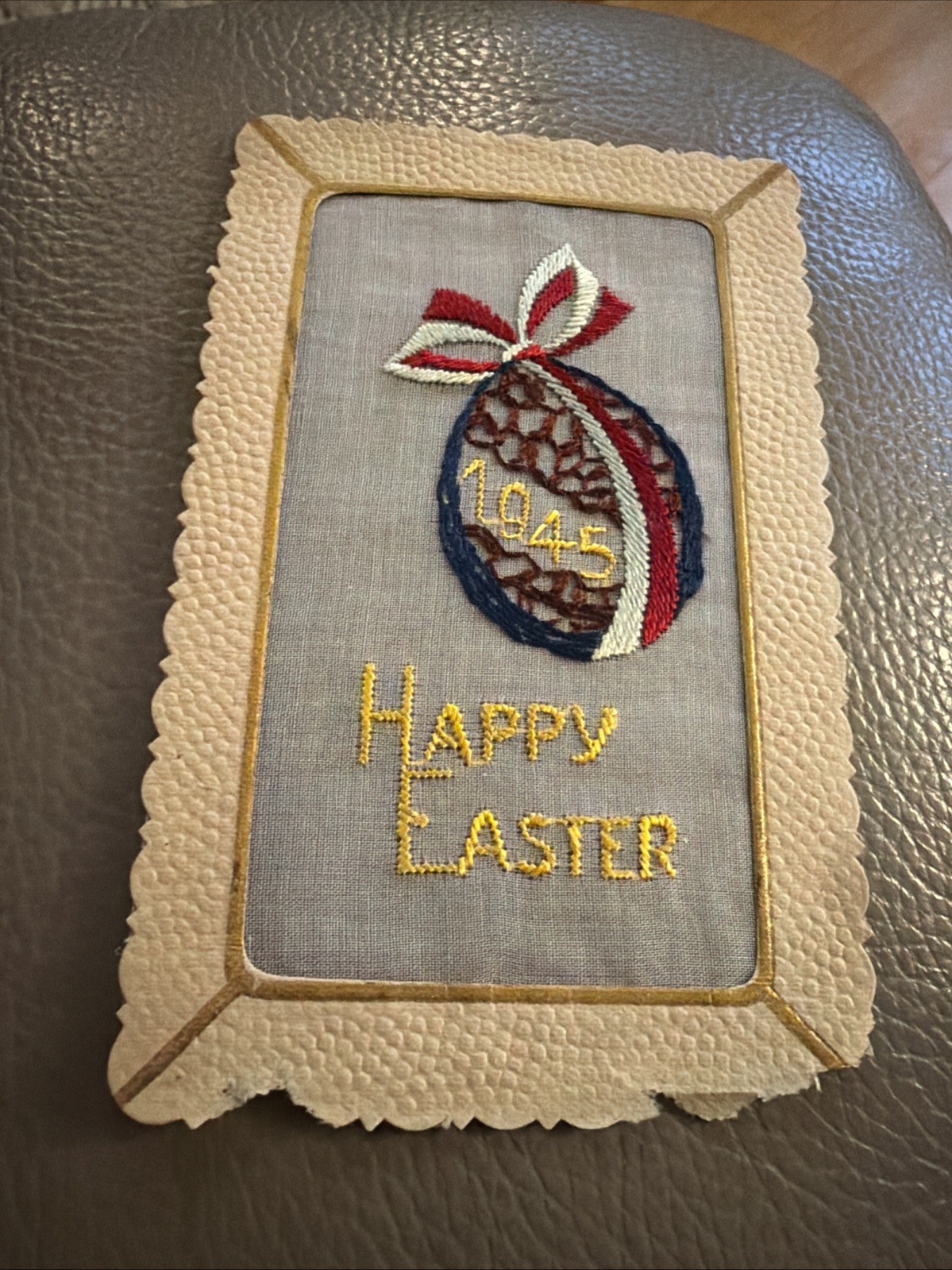 Vintage 1945 Happy Easter Egg Decoration Card on Silk Advertising