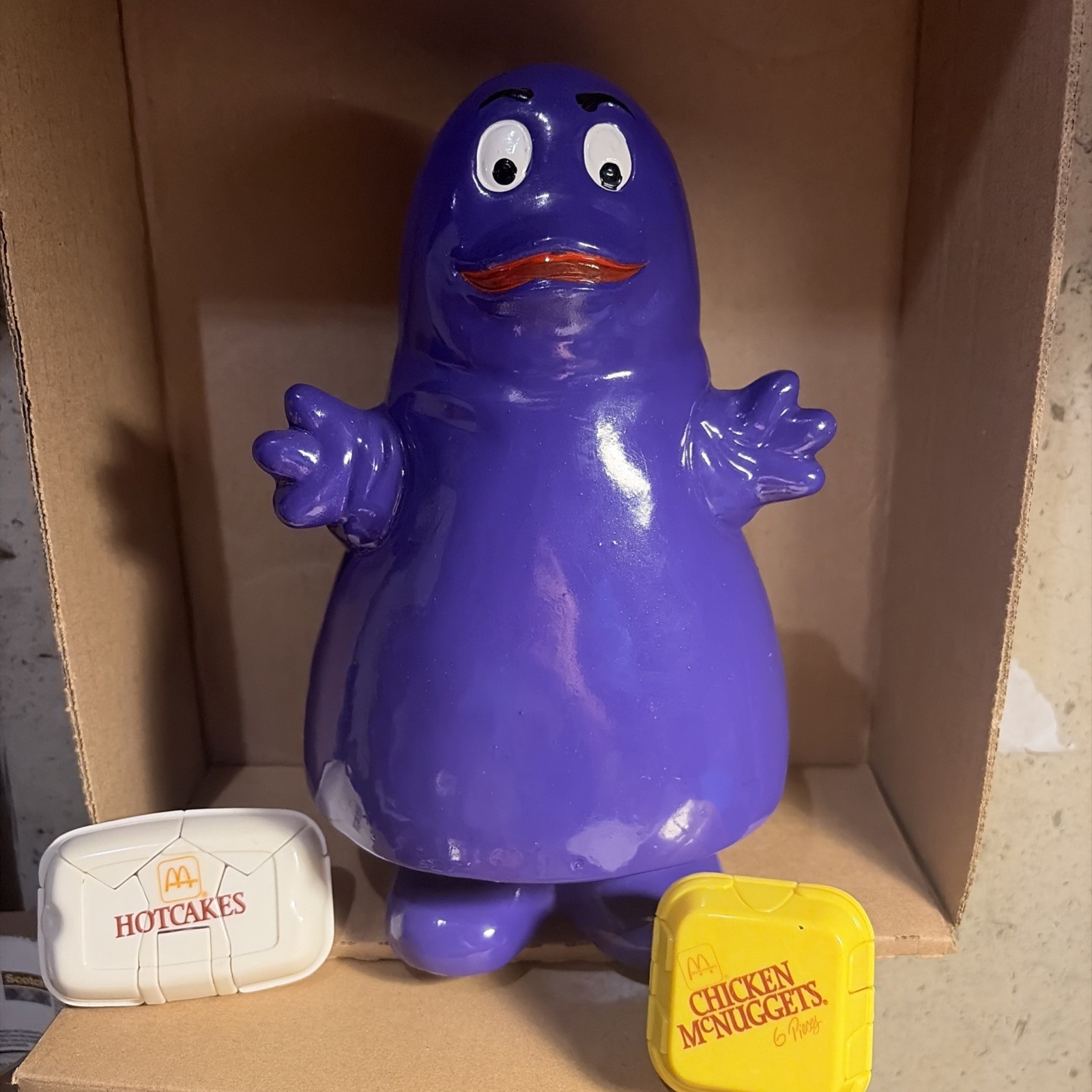 Vintage 1985 Grimace Ceramic Bank and 2 Happy Meal Toys 