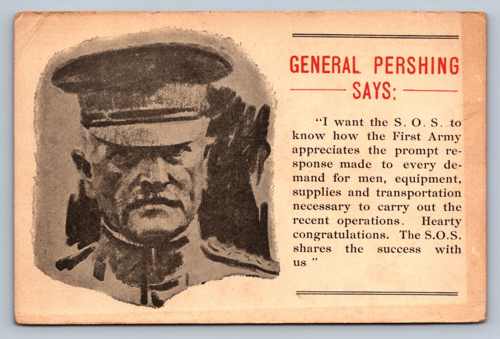 Postcard WWI General Pershing Overseas Soldiers Mail AEF First Army S.O.S. R335