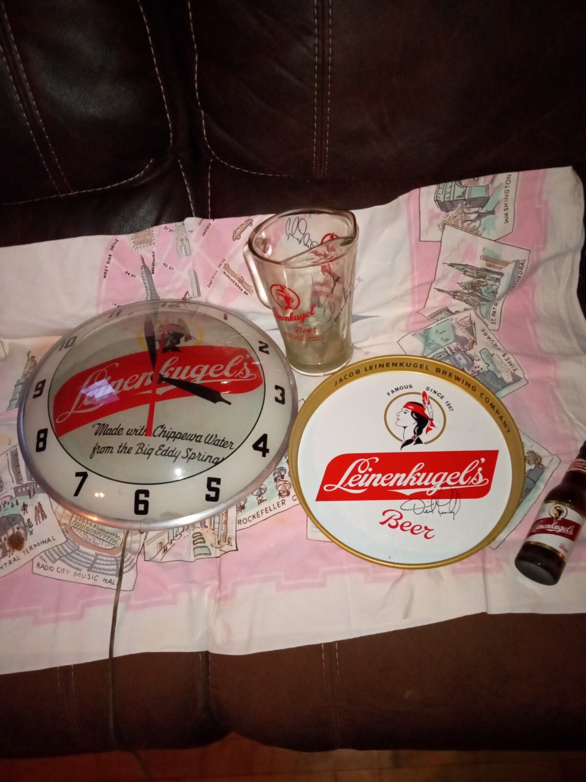 Leinenkugel's double bubble clock,  Autographed tray, Signed Pitcher, Original