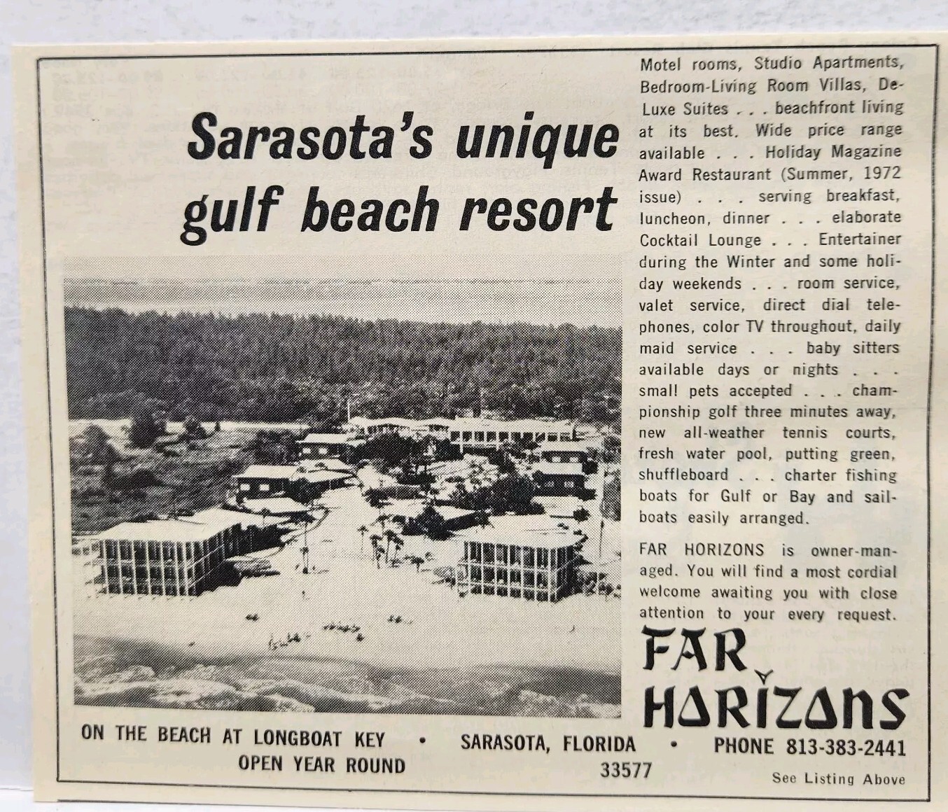 1972 Far Horizons Beach Resort Sarasota Florida Longboat Key Original Print Ad