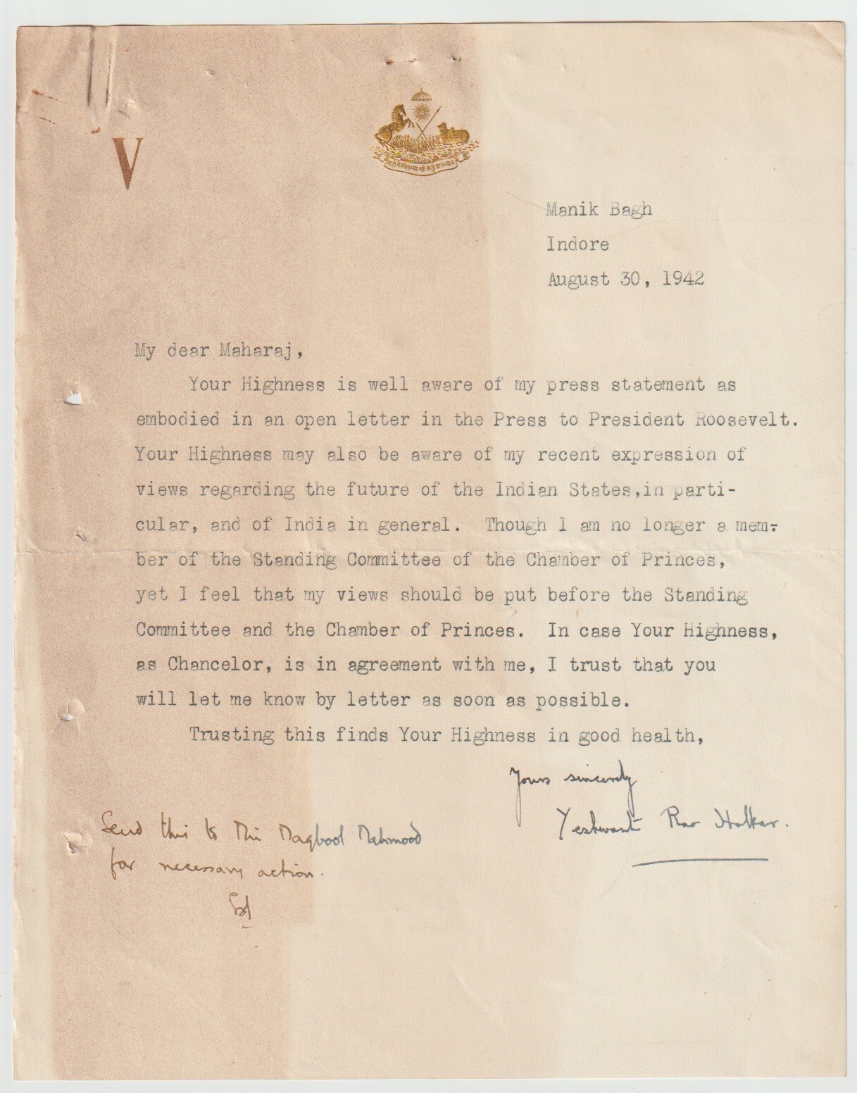 India 1942 crested letter signed Maharaja Yashwant Rao Holkar with ref Roosevelt