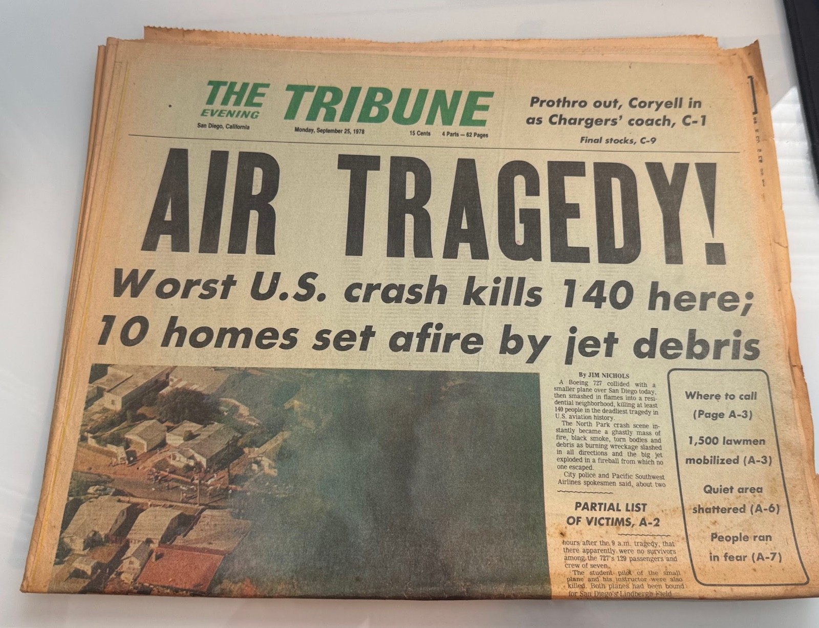 The Evening Tribune San Diego September 25 1978 PSA Air Crash Disaster Original 