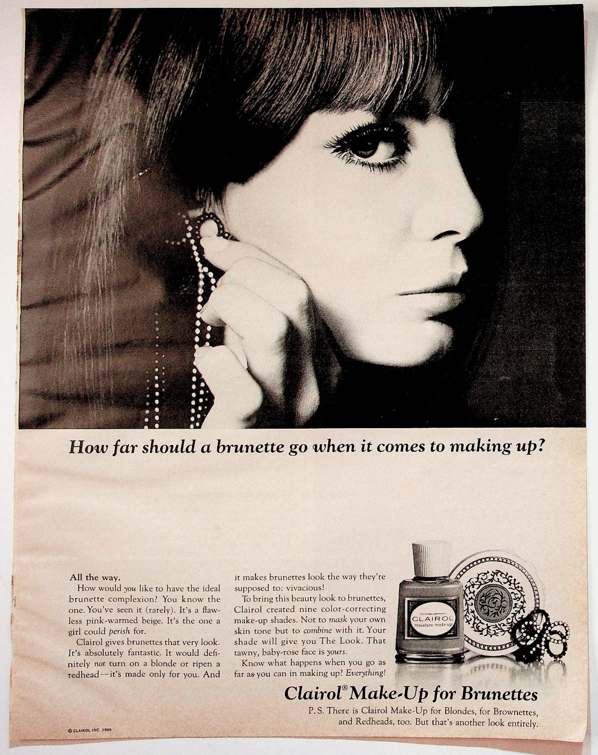 1966 Clairol Original Print Advertisement Makeup for Brunettes 10x13