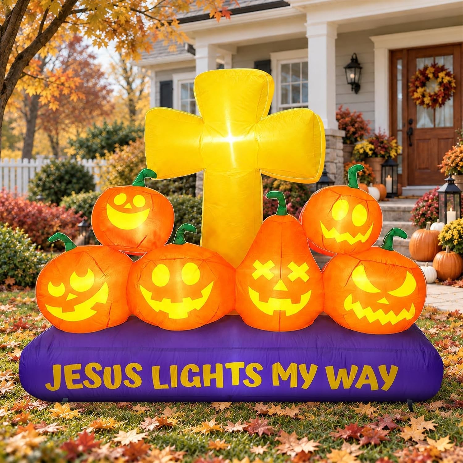 5.4×6.4FT Halloween Inflatable Cross with Pumpkins LED Christian Decoration