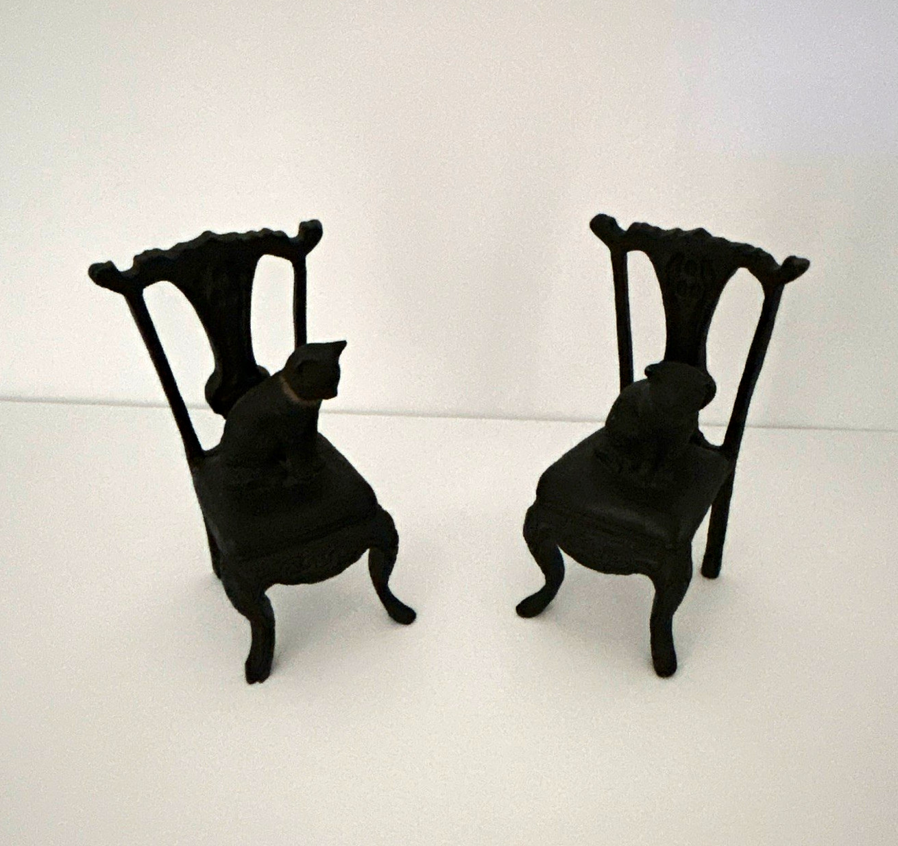 Vintage Black Cast Iron Cat Sitting on Victorian Chair Bookends Pair