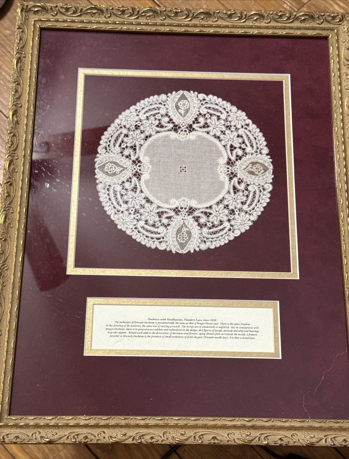 Antique Framed Brussels Duchesse 1850 With Needlepoint Flanders Lace VTG
