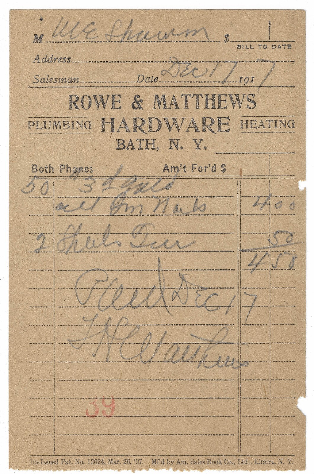 1917 Receipt, Rowe & Matthews Hardware, Bath, New York, Plumbing, Heating