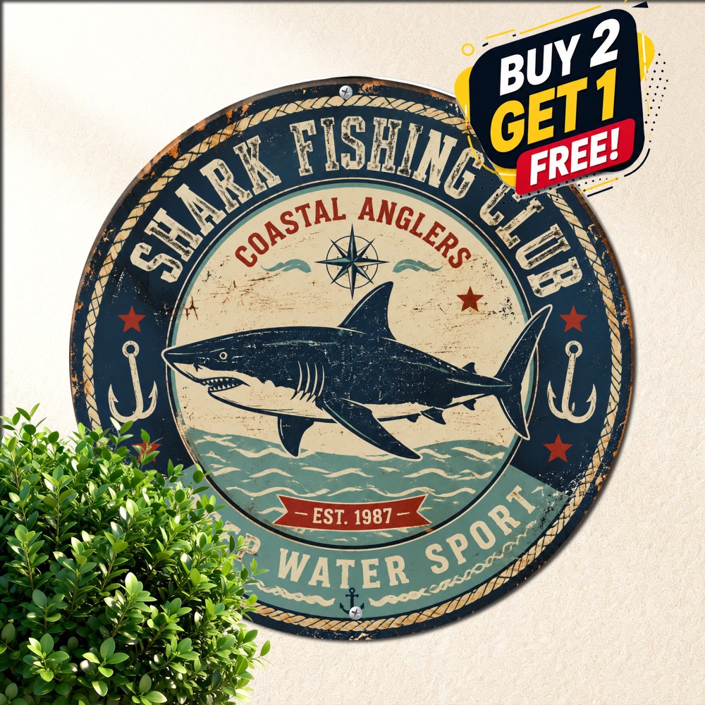 Shark Fishing Club Round Metal Sign Vintage Marine Ocean Sailor Tin Wall Plaque