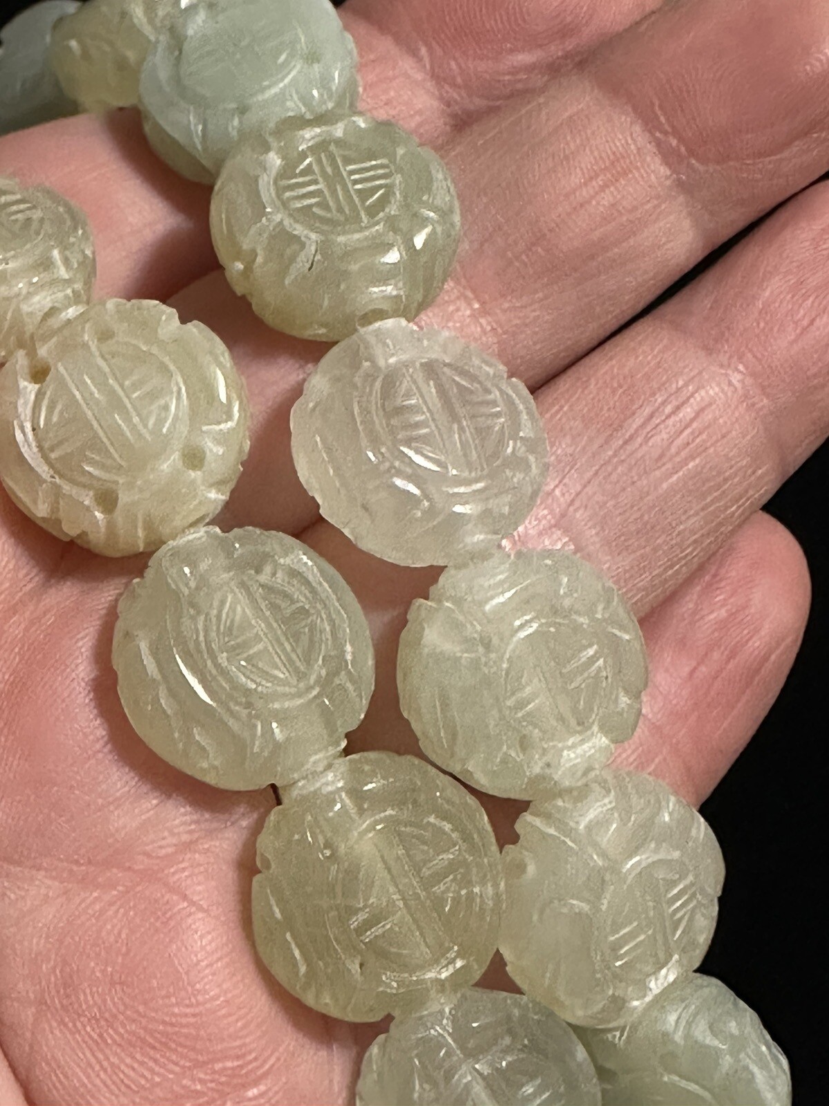 One Vintage Carved Shou Chinese Bead 16mm x 8mm Hsiu Jade Stone Green Coin