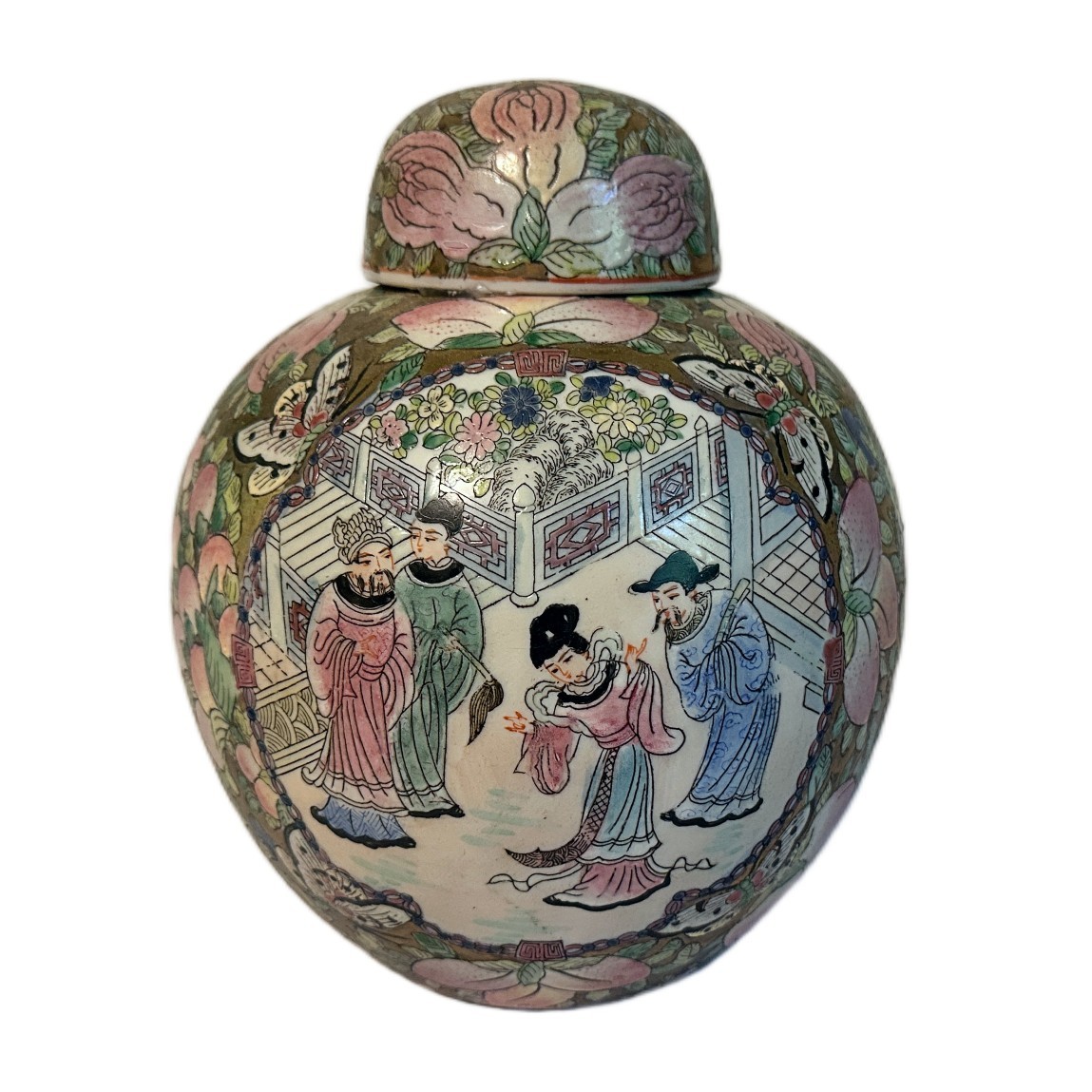 Vintage Chinoiserie Rose Famille Hand Painted Chinese Export Ginger Jar
